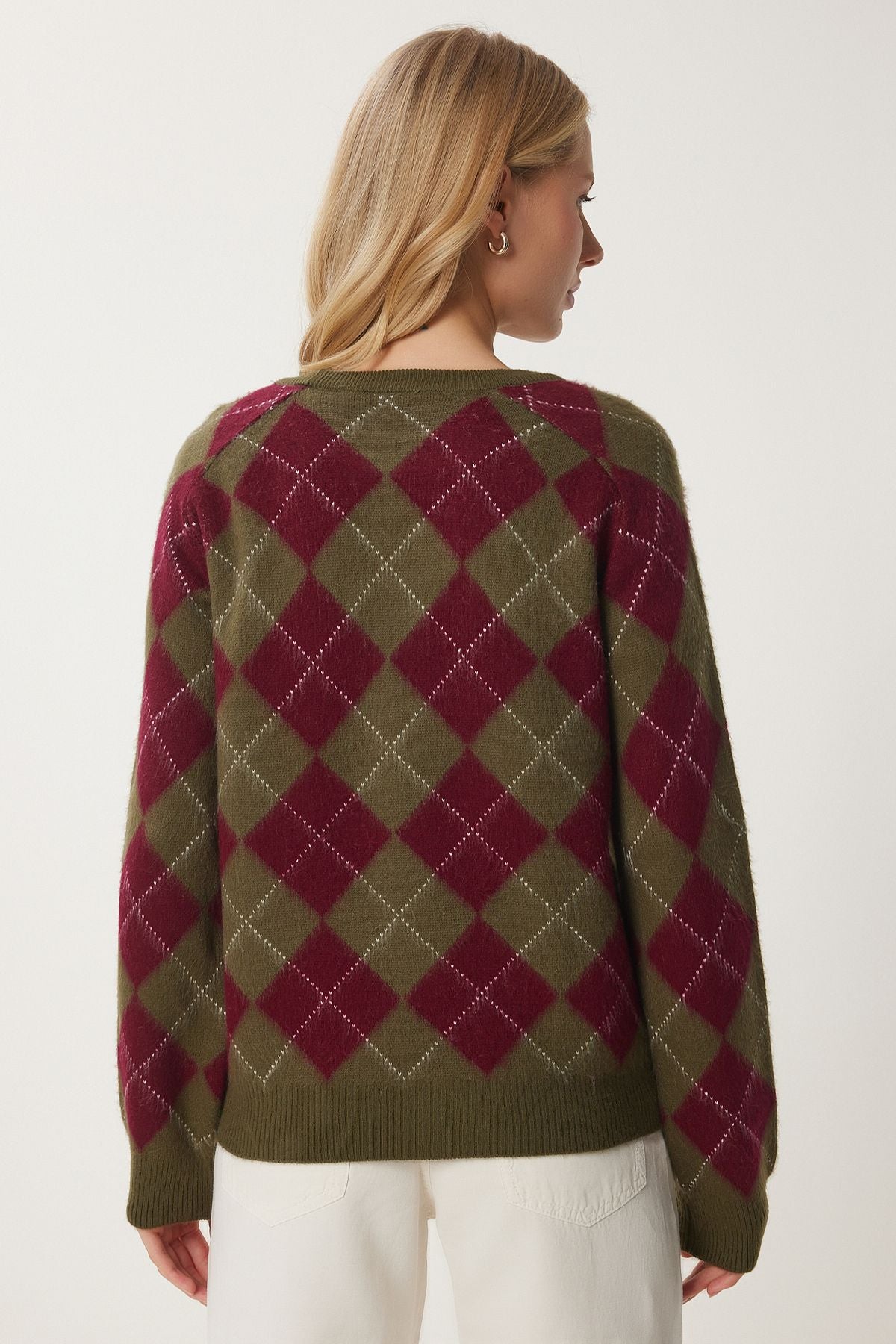 Female Green Bordeaux Baklava Patterned Soft textured knitwear sweater PF00108