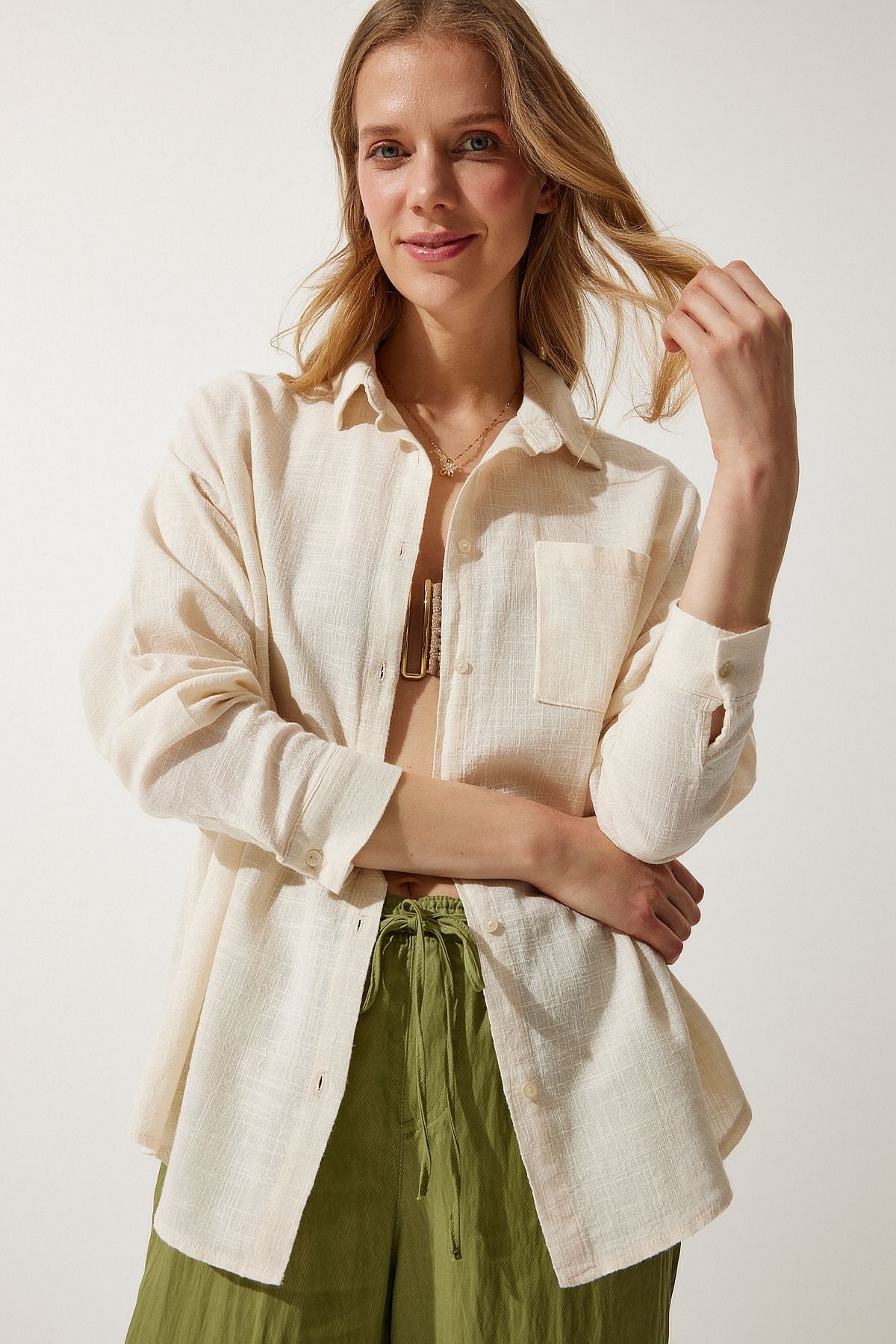 Female Cream Pocket Oversizle Linen Shirt MX00152