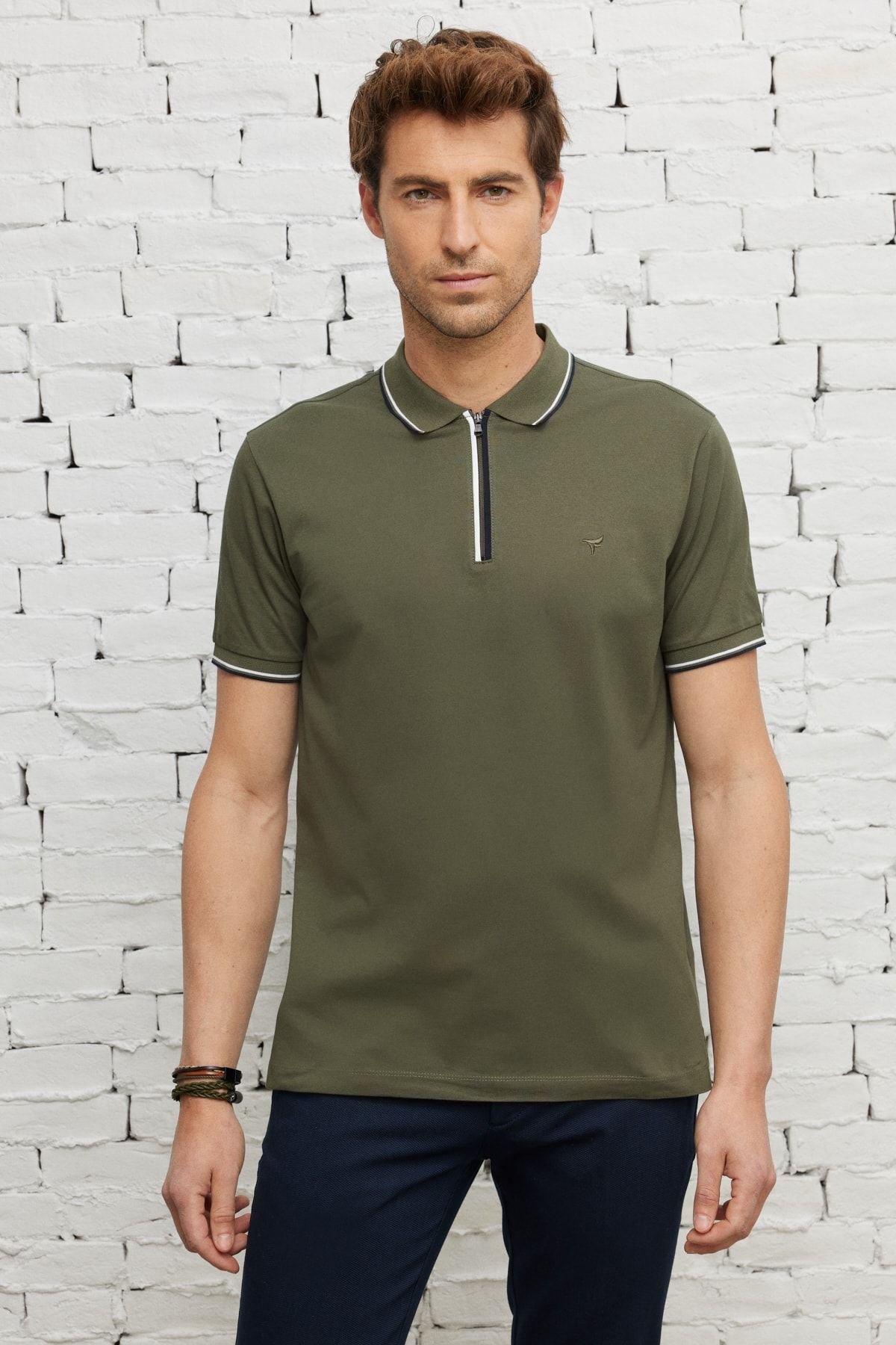 Men's Khaki Slim Fit Narrow Cut Polo Yaka Cotton Short Sleeve T -shirt