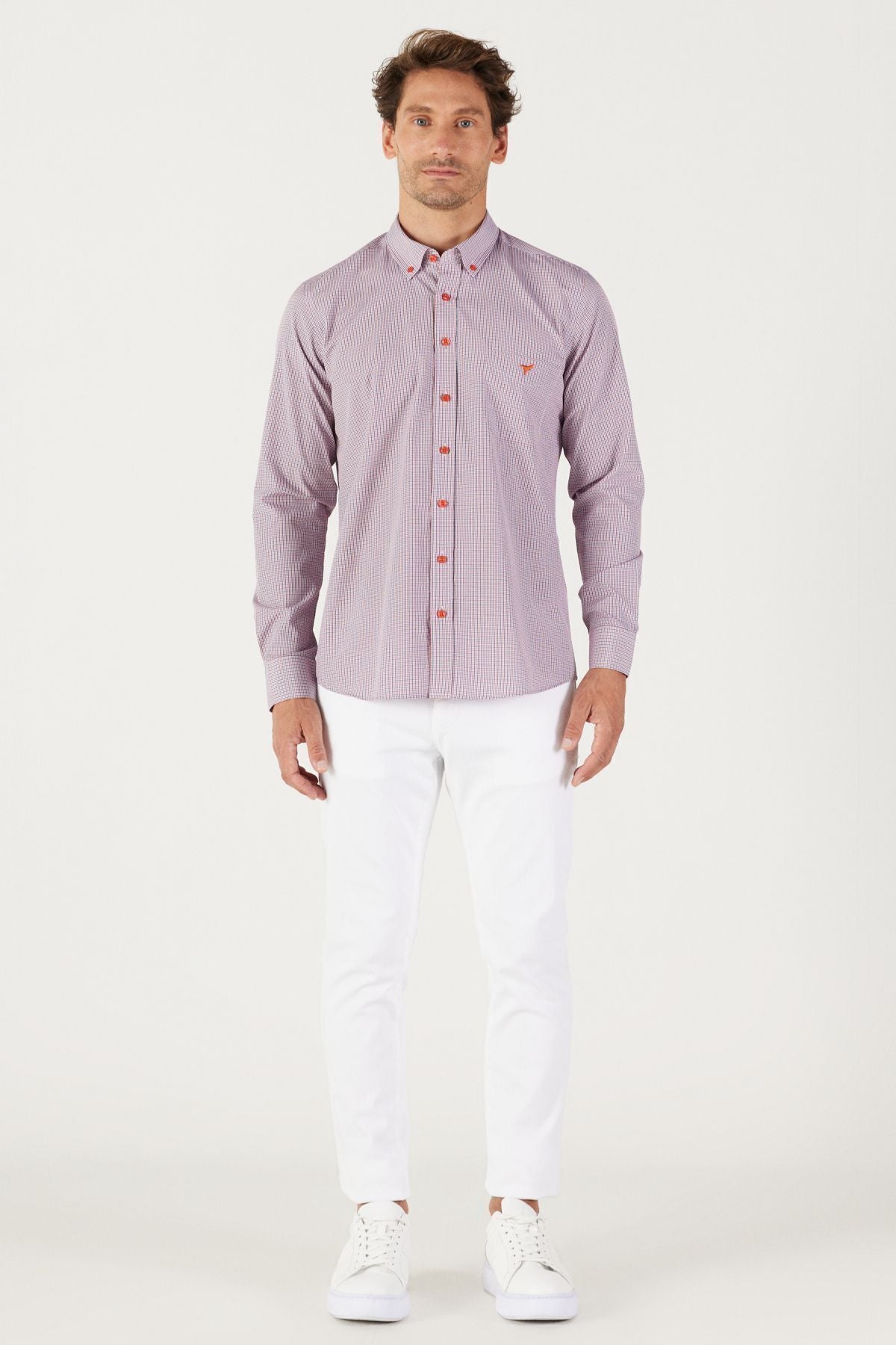 Men's navy blue-red slim fit narrow cut buttoned collar logo cotton pocket striped shirt