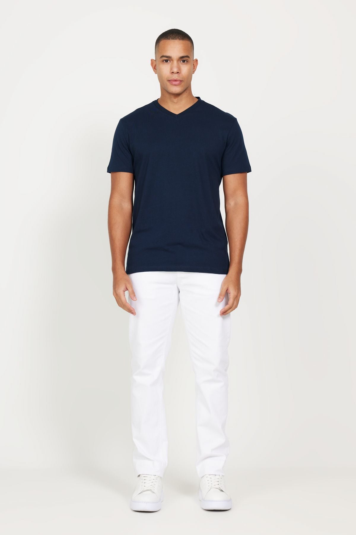 Men's Navy Blue-Lacivert 2 Pack Slim Fit Narrow Cut Cotton Basic Basic T-shirt