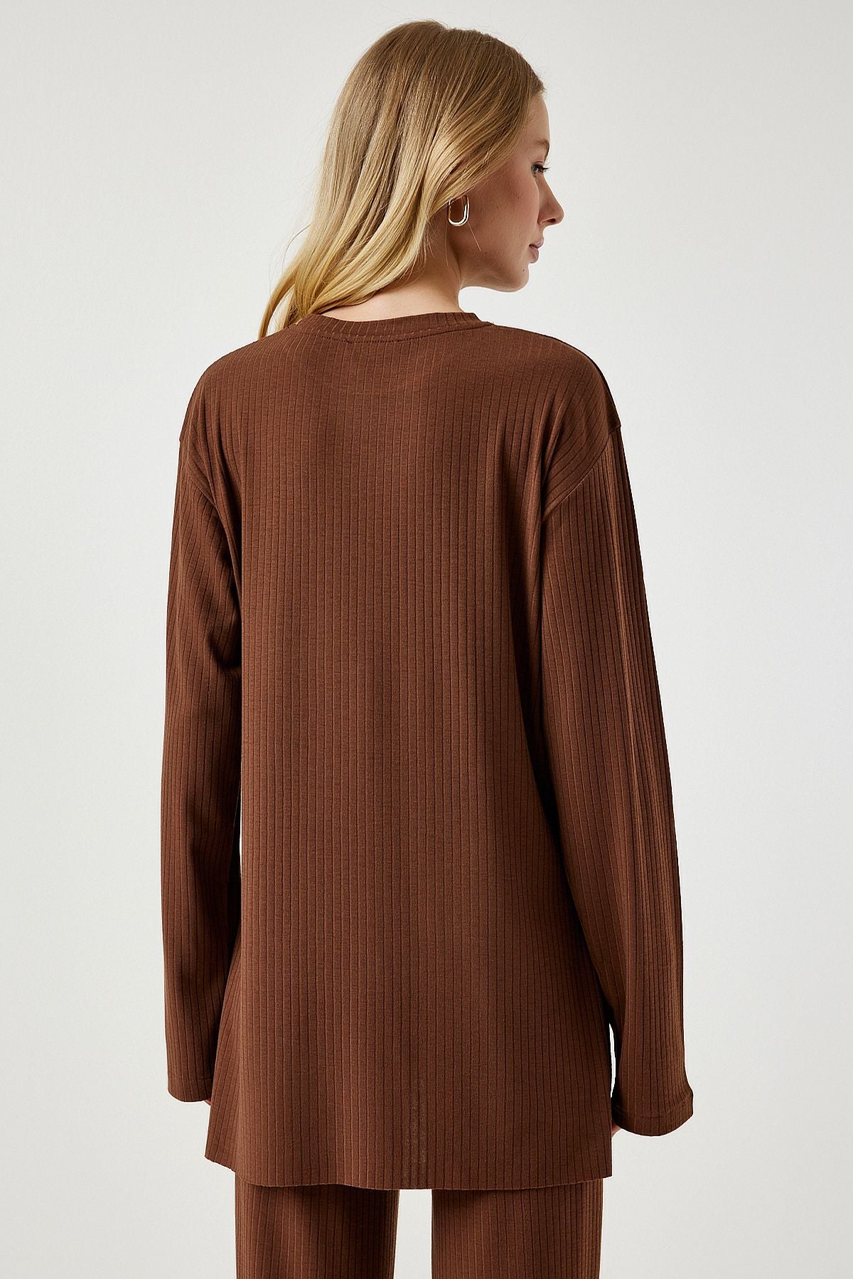 Female brown wick knitted blouse trousers set KH00088