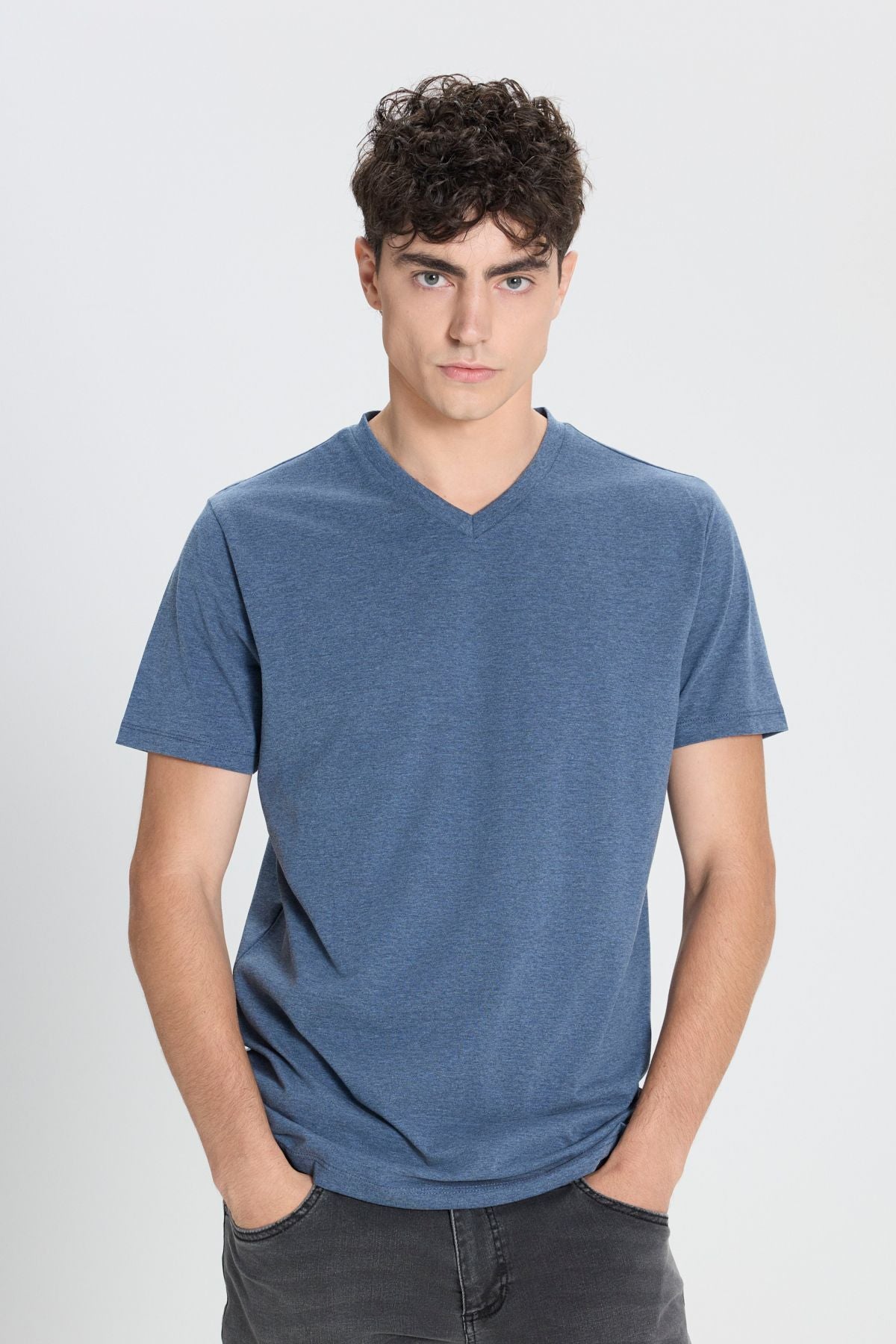 Men's cotton V -neck Indigo Melanj Slim fit narrow cut T -shirt