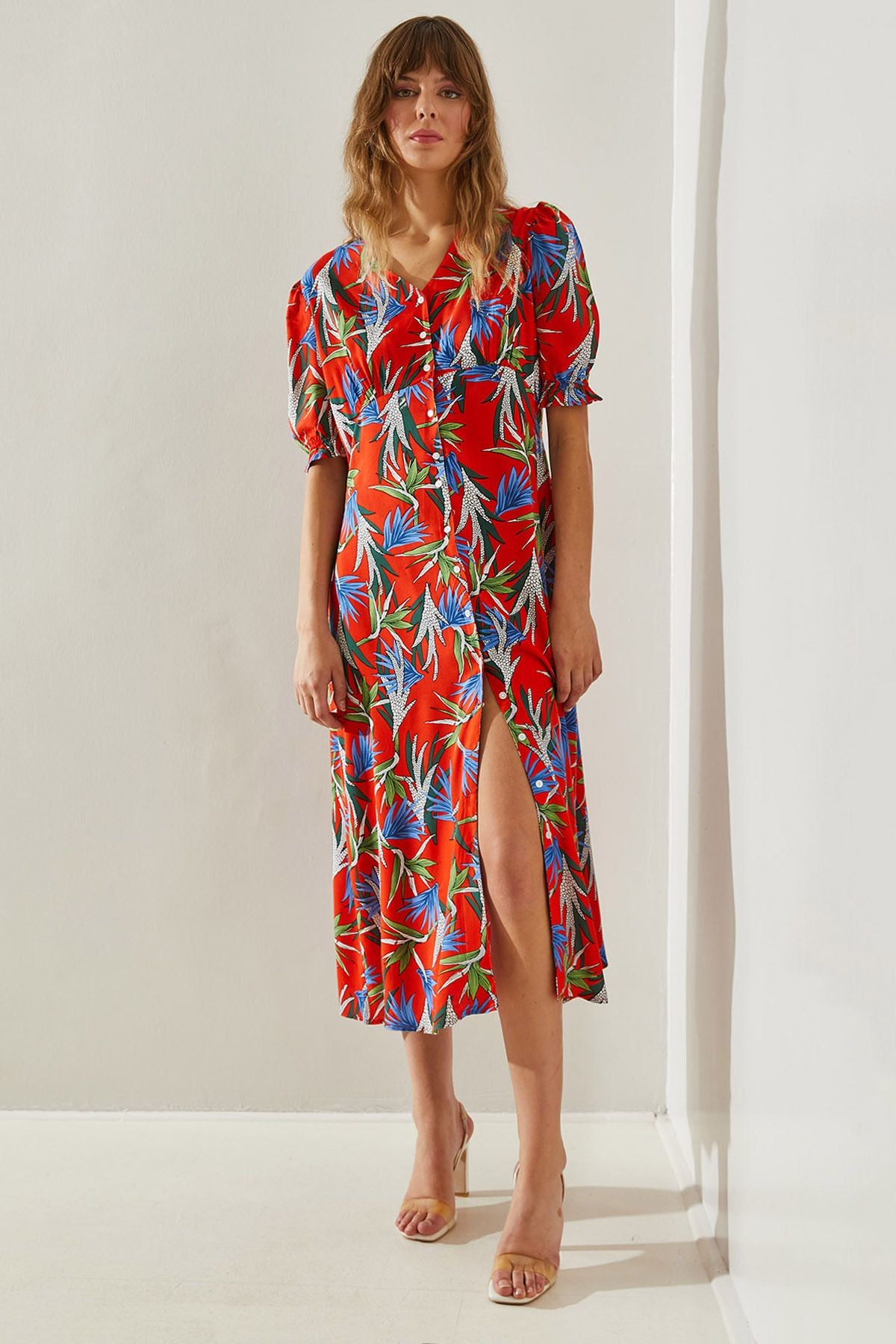 Female Watermelon Arm V -Neck Button Midi Boy 3699 Dress 60251403