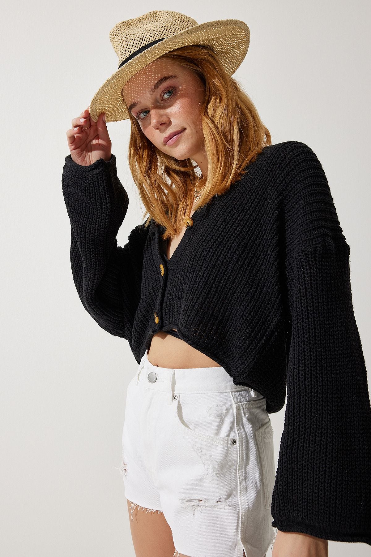 Female Black V -Neck Seasonal Crop Knitwear Cardigan MC00255
