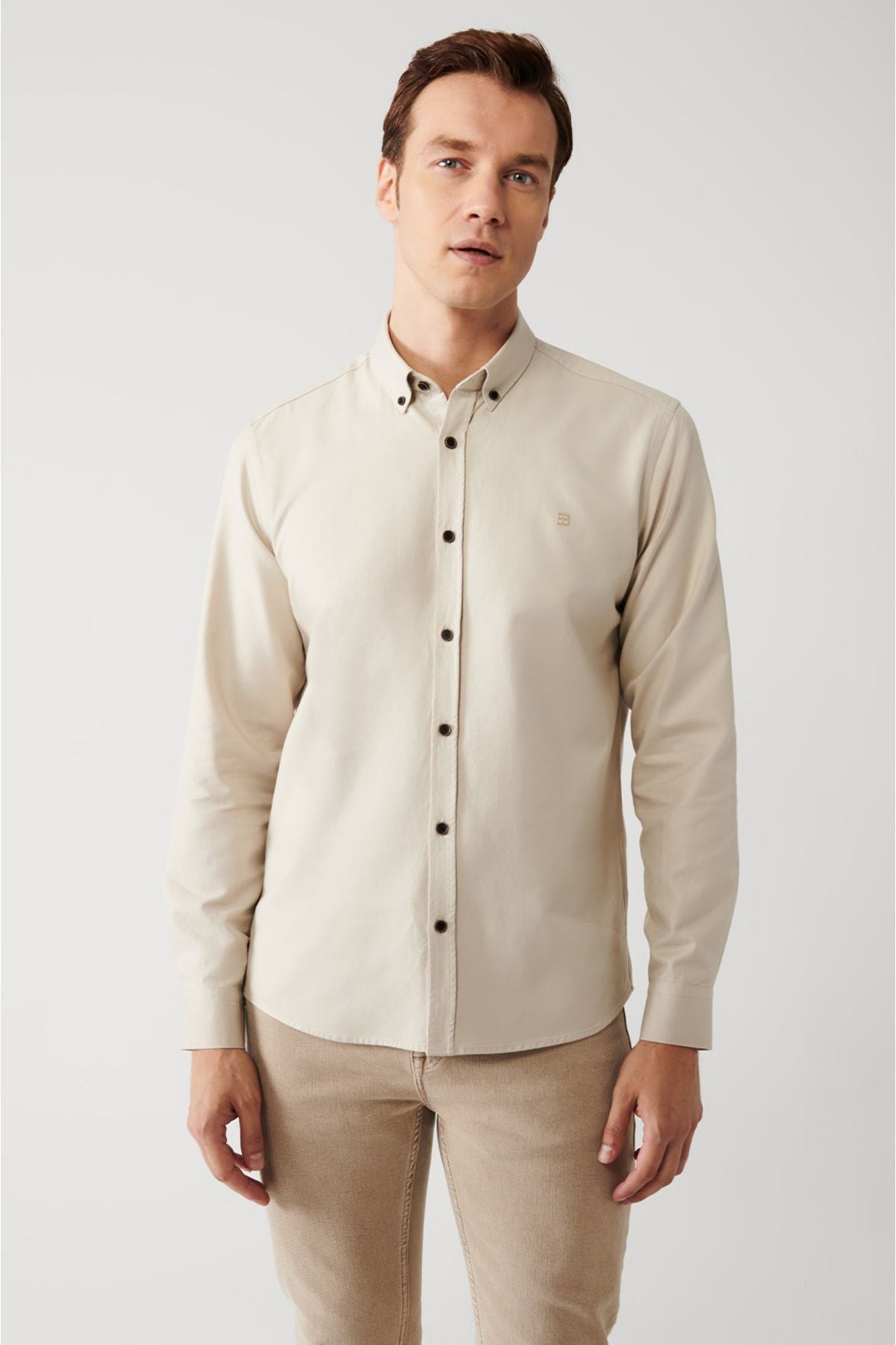 Men's beige 100 %cotton button with collar shirt A32Y2120