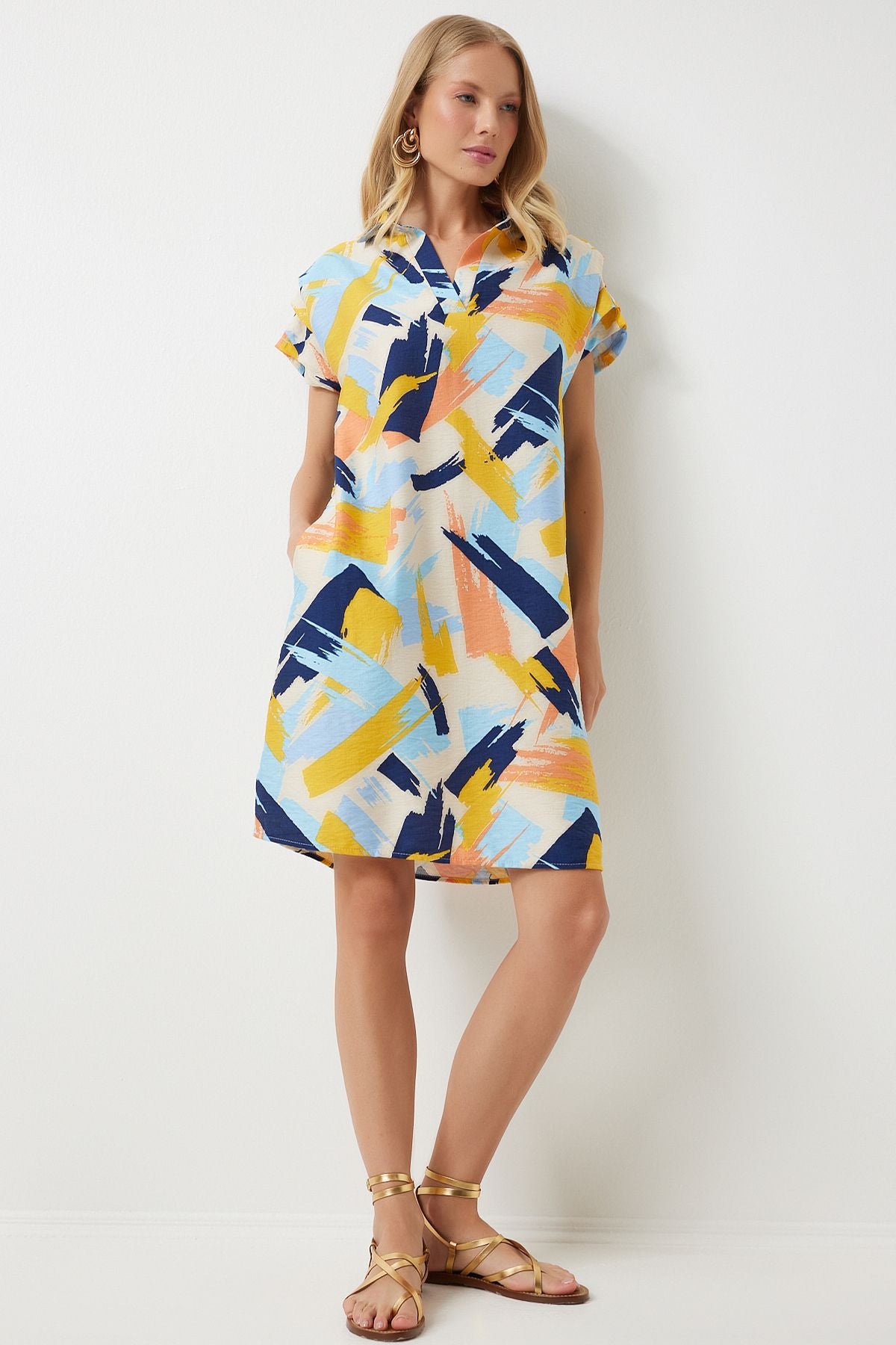Woman Yellow Blue Polo Yaka Patterned Summer Dress of00001