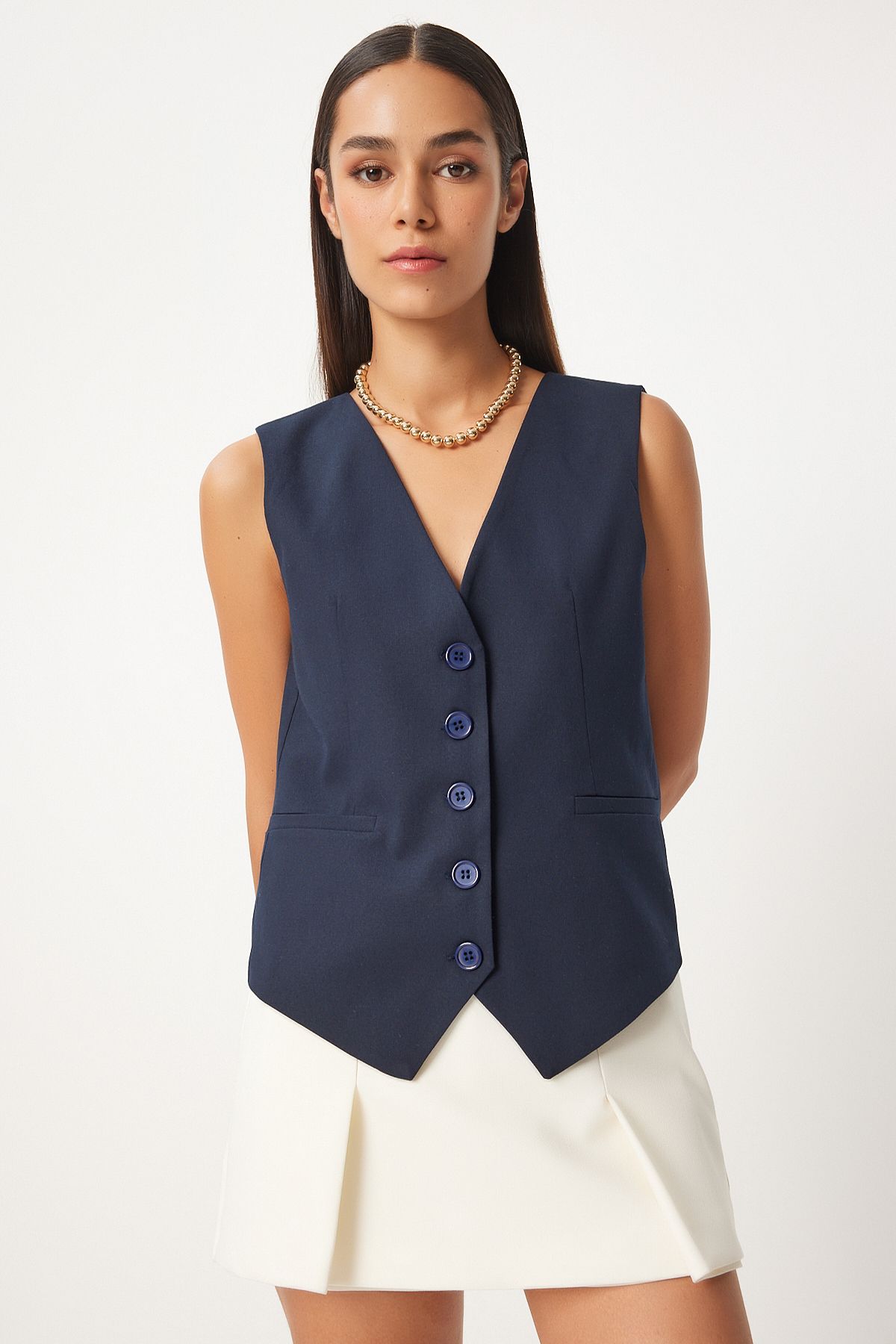 Woman Navy Blue V -Yaka Viscose Vest To00145