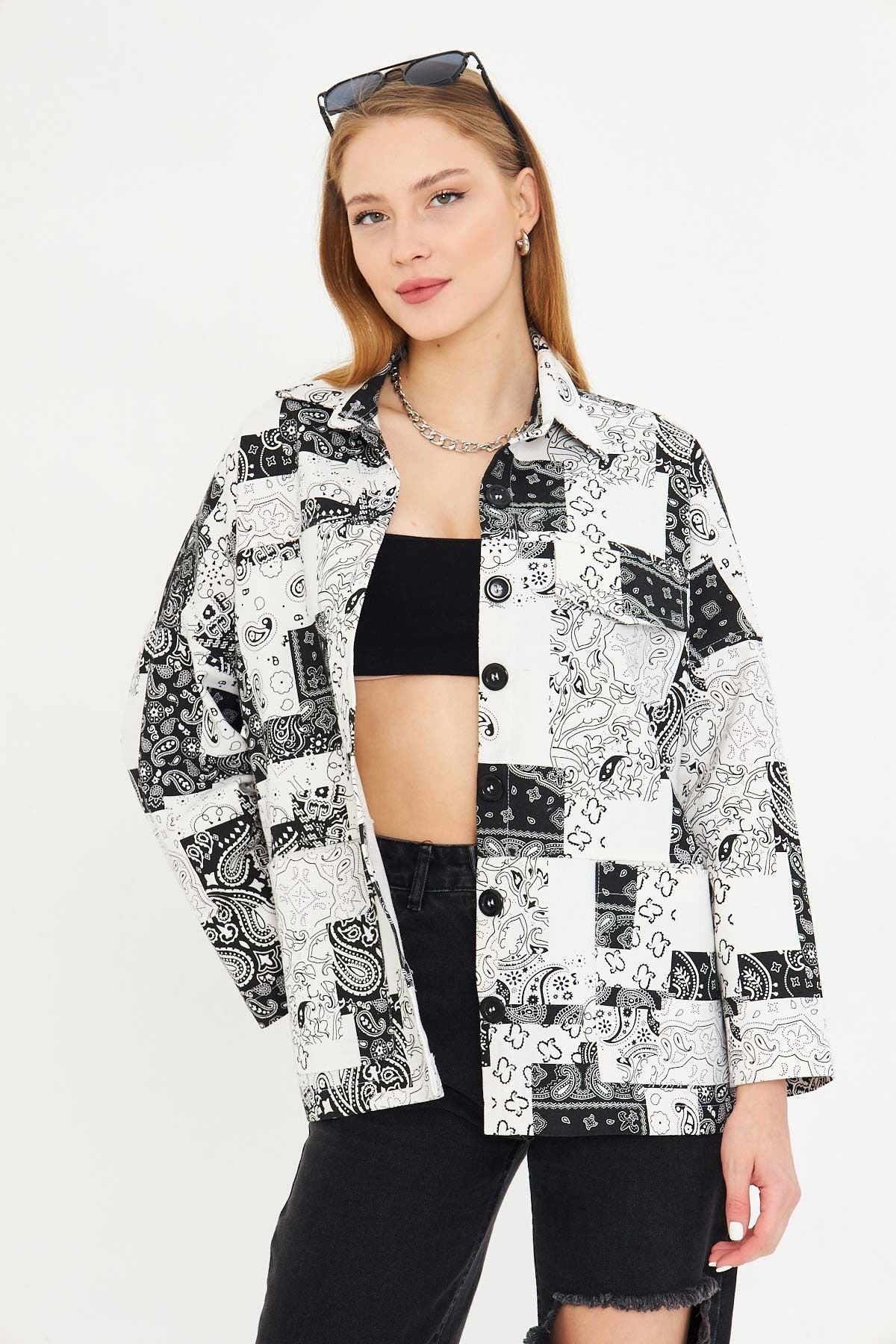 Women's White Patterned Pocket Detail Shirt Jacket ARM-25K001071