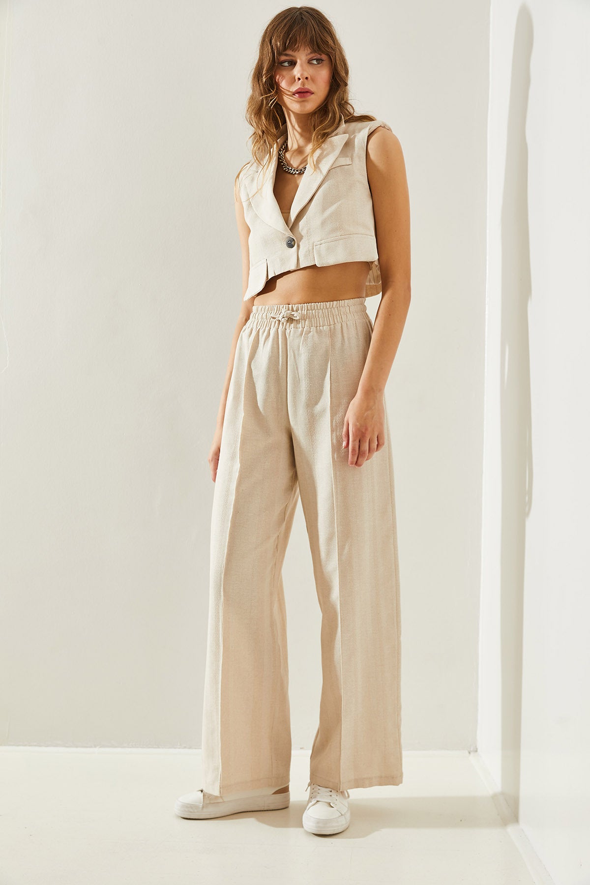 Women's Pocket Cover Detailed Crop Vest Palazzo Trousers Bottom-Top Set 60251229