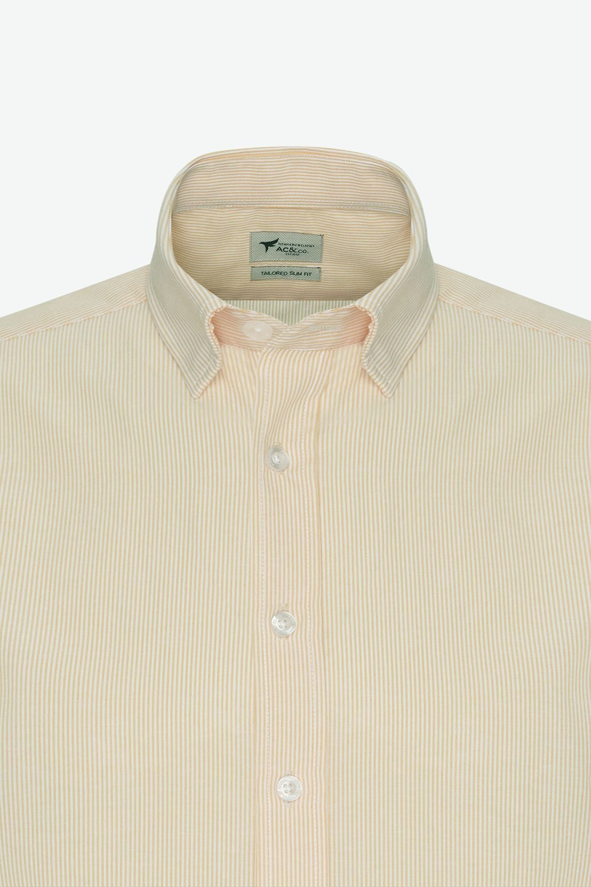 Men's white-yellow slim fit narrow cut hidden buttoned collar cotton striped shirt