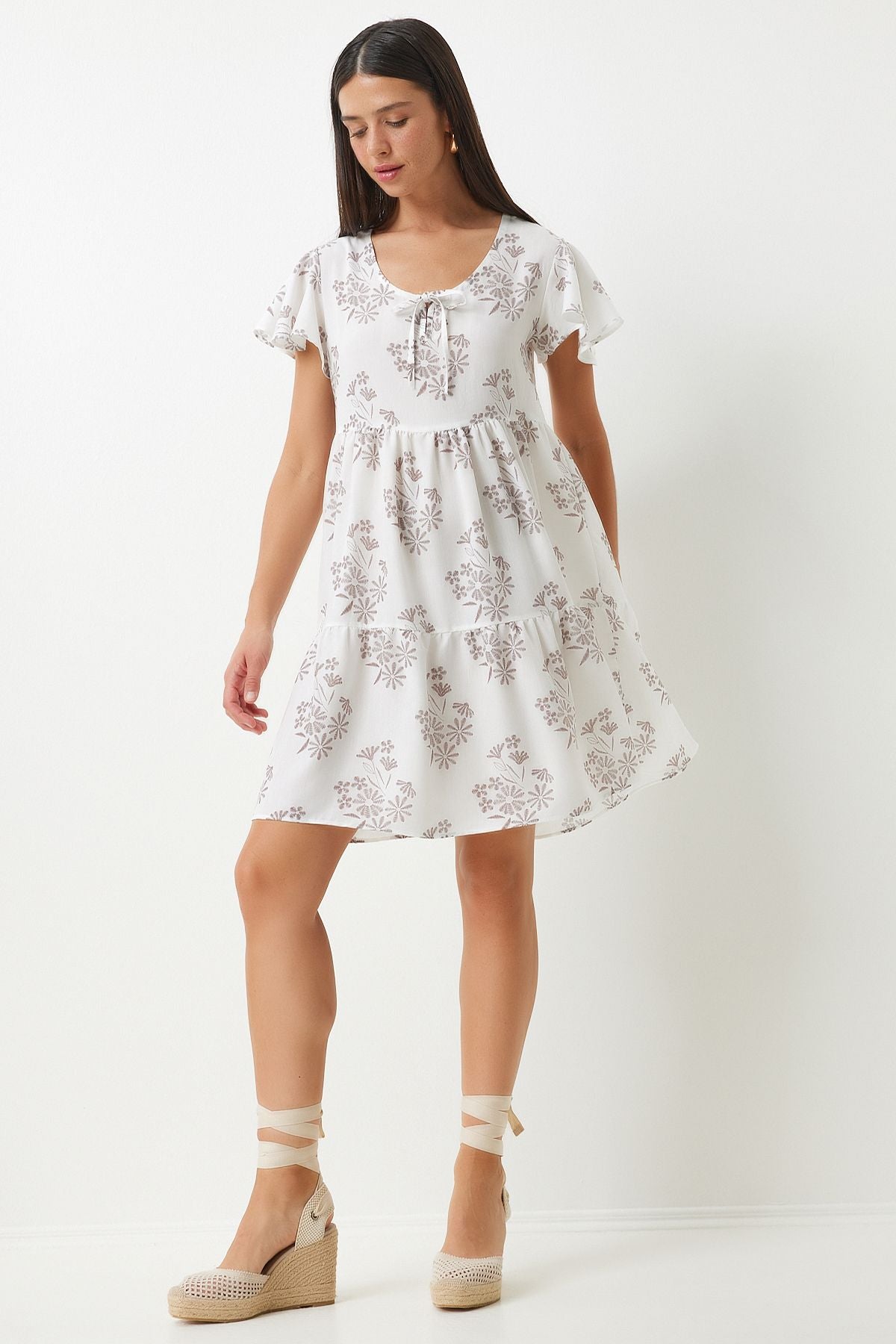 Woman White Brown Flower Summer Viscose Dress DD01330