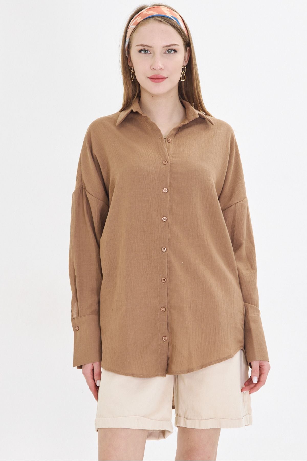Woman Light Coffee Oversize Fined Linen-looking large cuff shirt ARM-24K001001