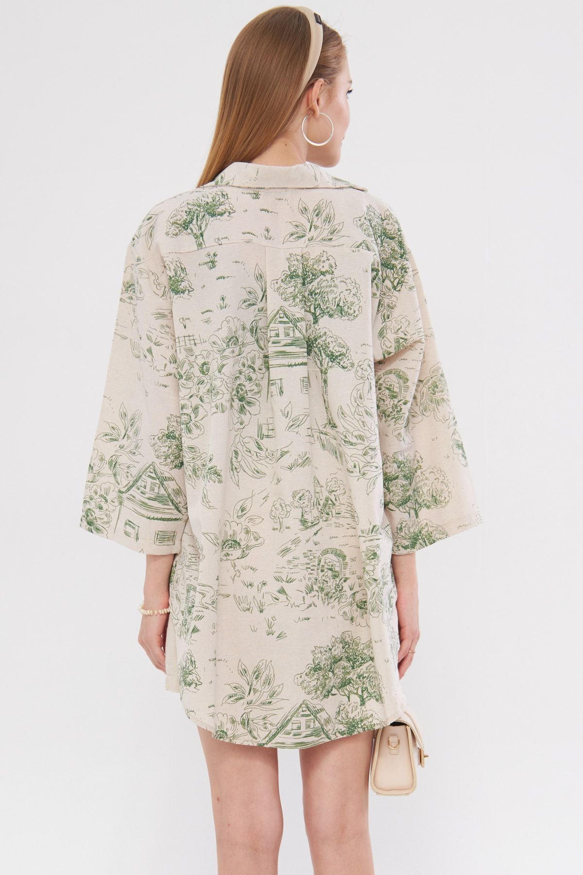 Female Cagla Green Patterned Patterned Linen-looking front-binding kimono shirt ARM-24Y001079