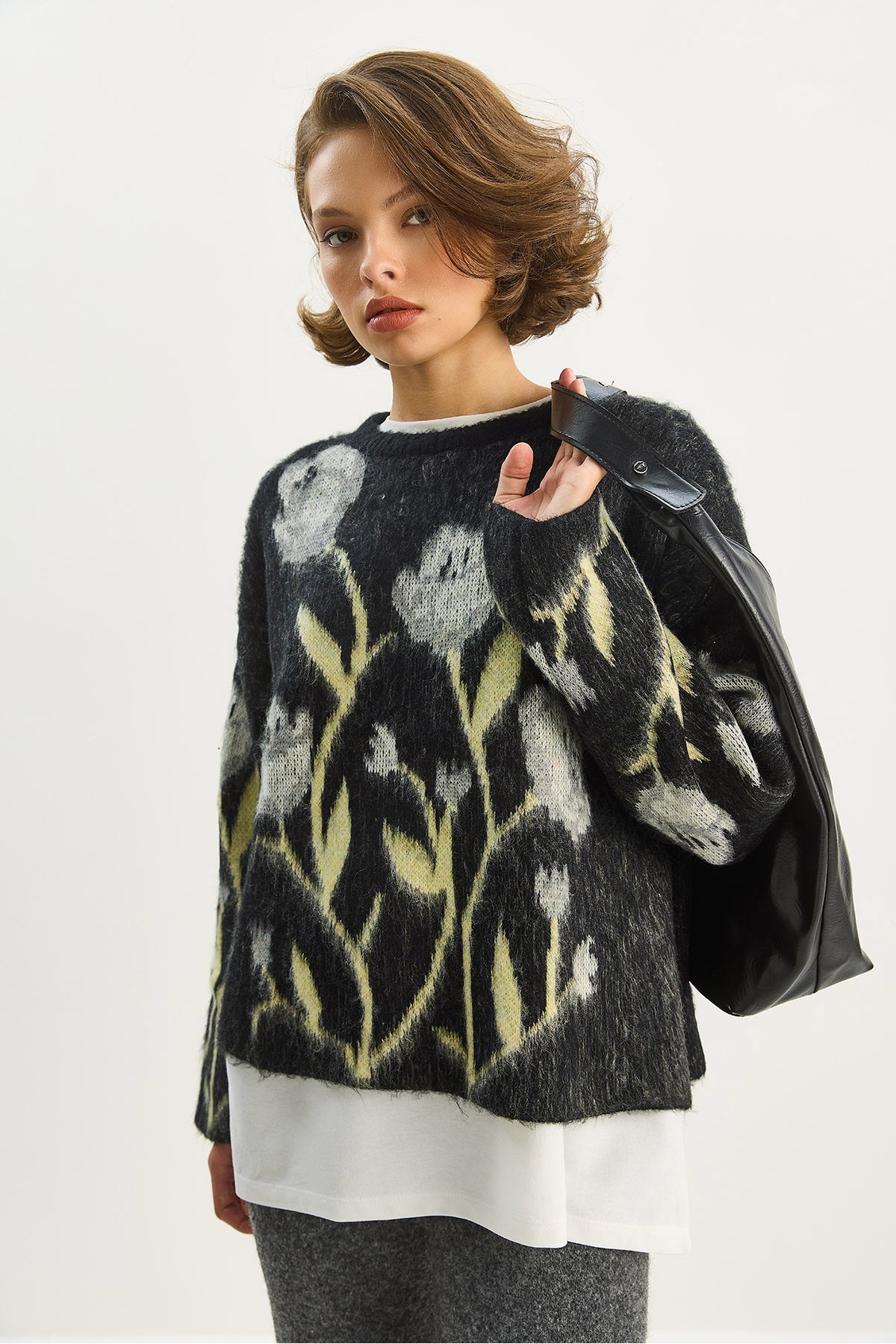 Women's Crew Neck Floral Patterned Rose Gold Oversize Knitwear Sweater 4915 60283587