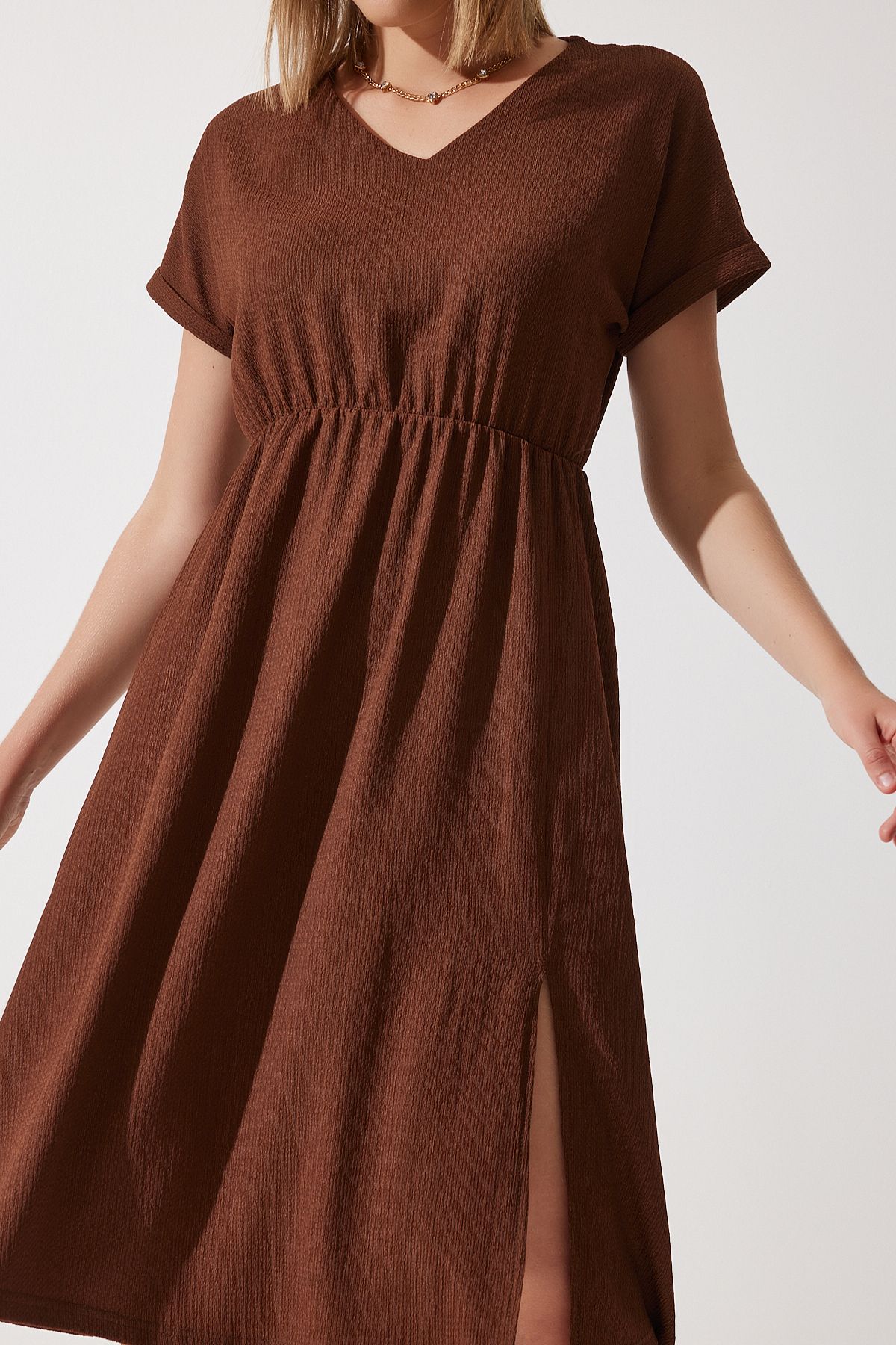 Woman Brown V -Neck Slip Summer Daily Knitting Dress DD01319