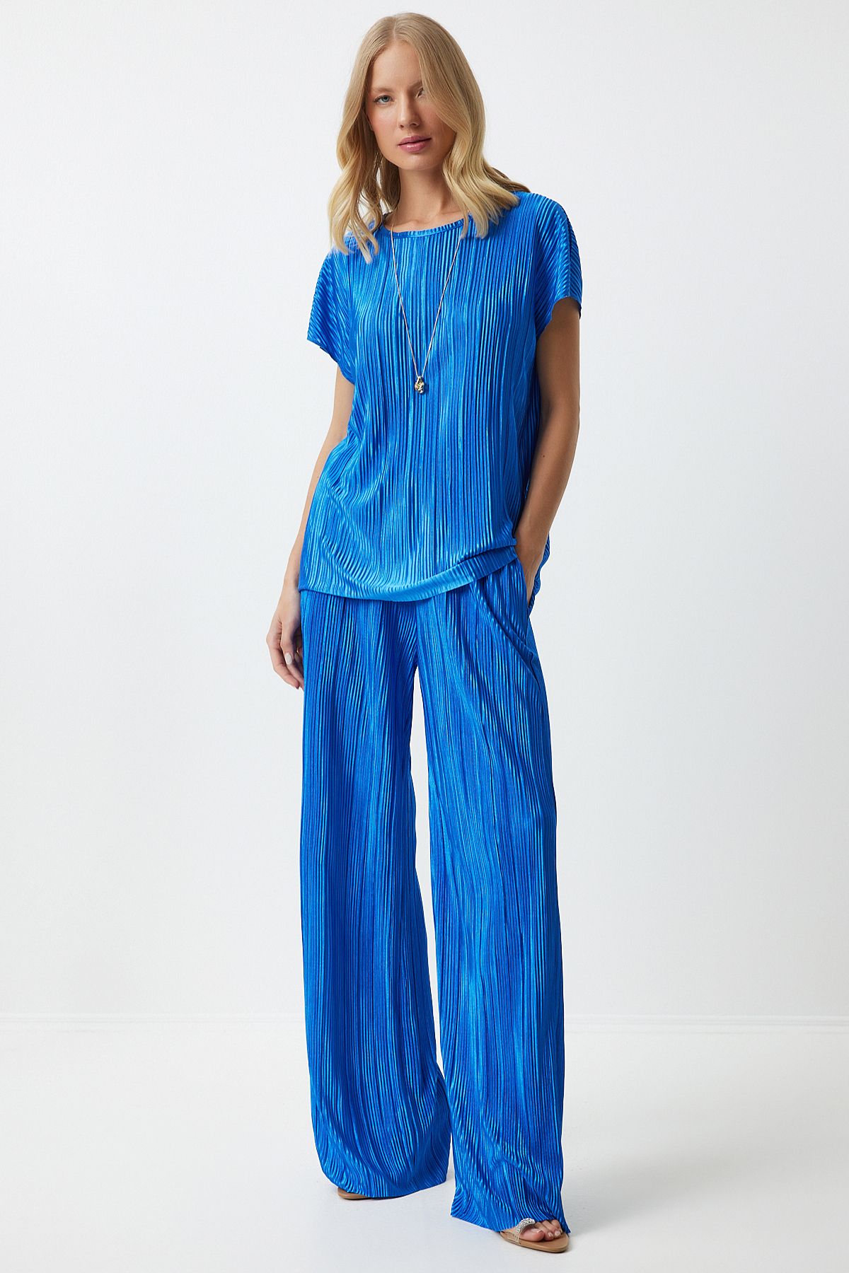 Female Blue Pilica Comfortable Blouse Pants Set Mc00283