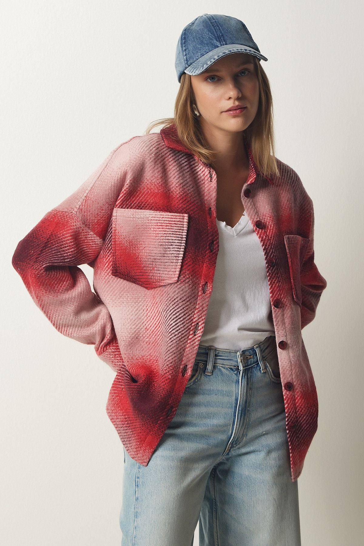 Kadın Kırmızı Oduncu Oversize Kaşe Gömlek Ceket TU00035