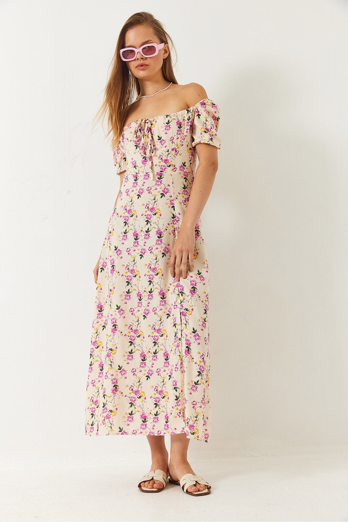 Female Baglama Neck Slit Detailed Patterned Midi Viscose Dress 60261492