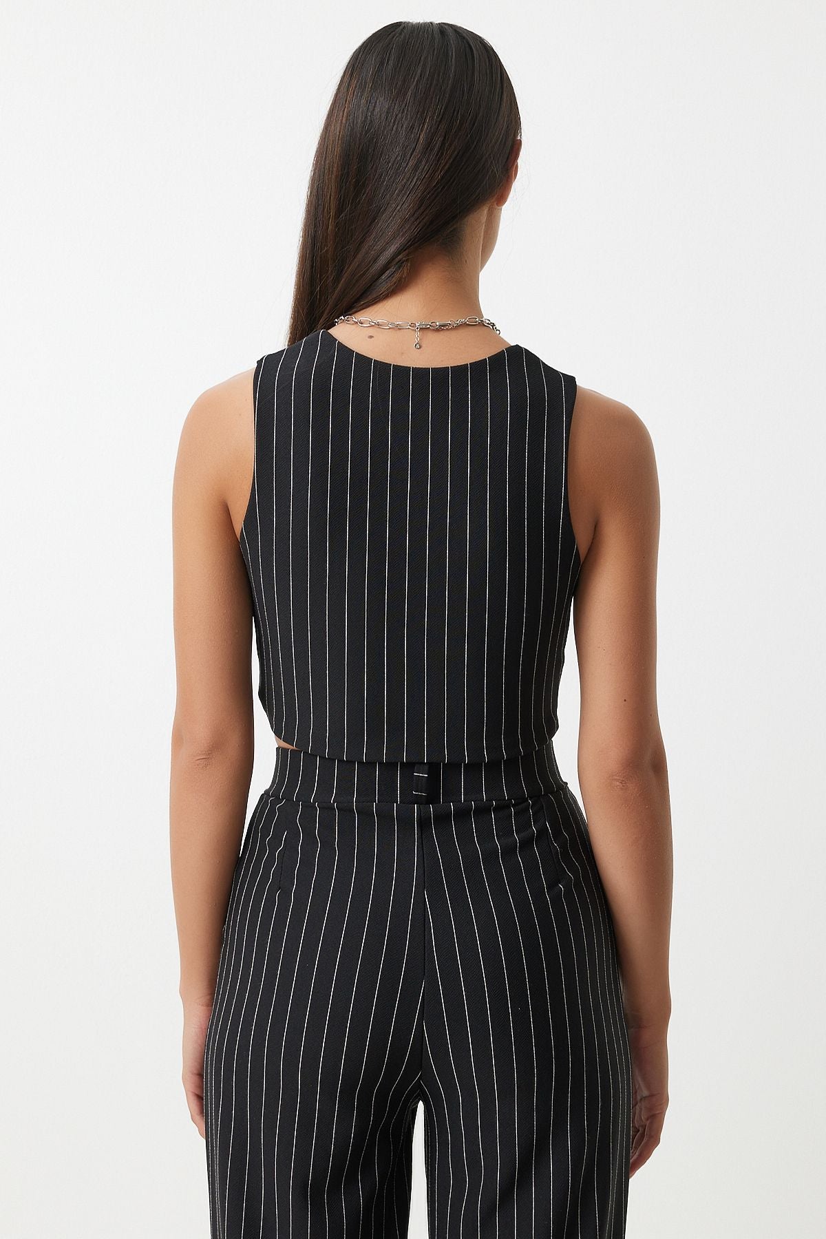 Female black fine striped knitted vest pants set Mc00287