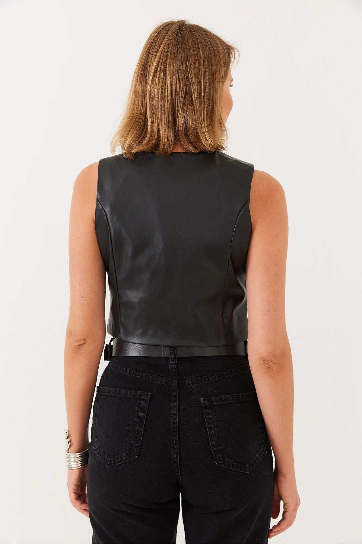 Female Binding Detailed Leather Vest 60251821