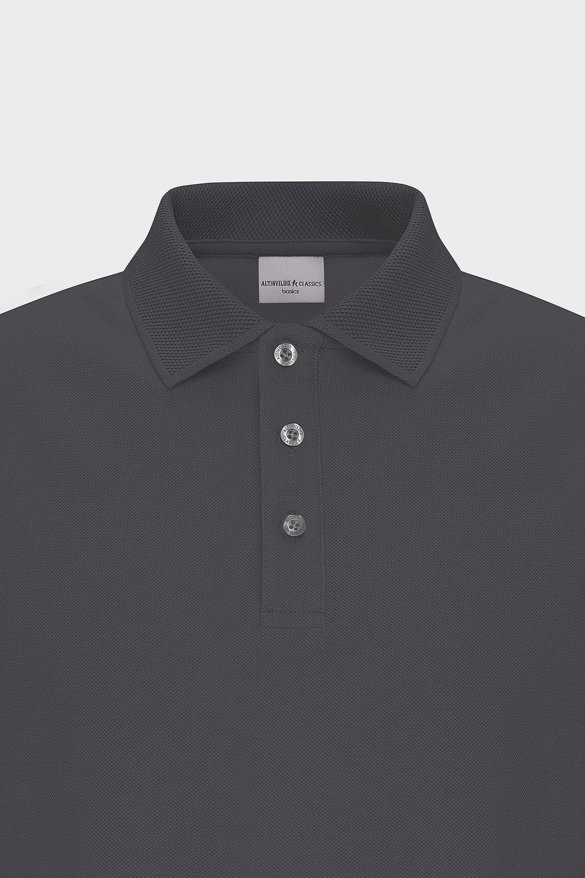 Men's anthracite 100 %cotton curved pike polo collar slim fit narrow cut t -shirt