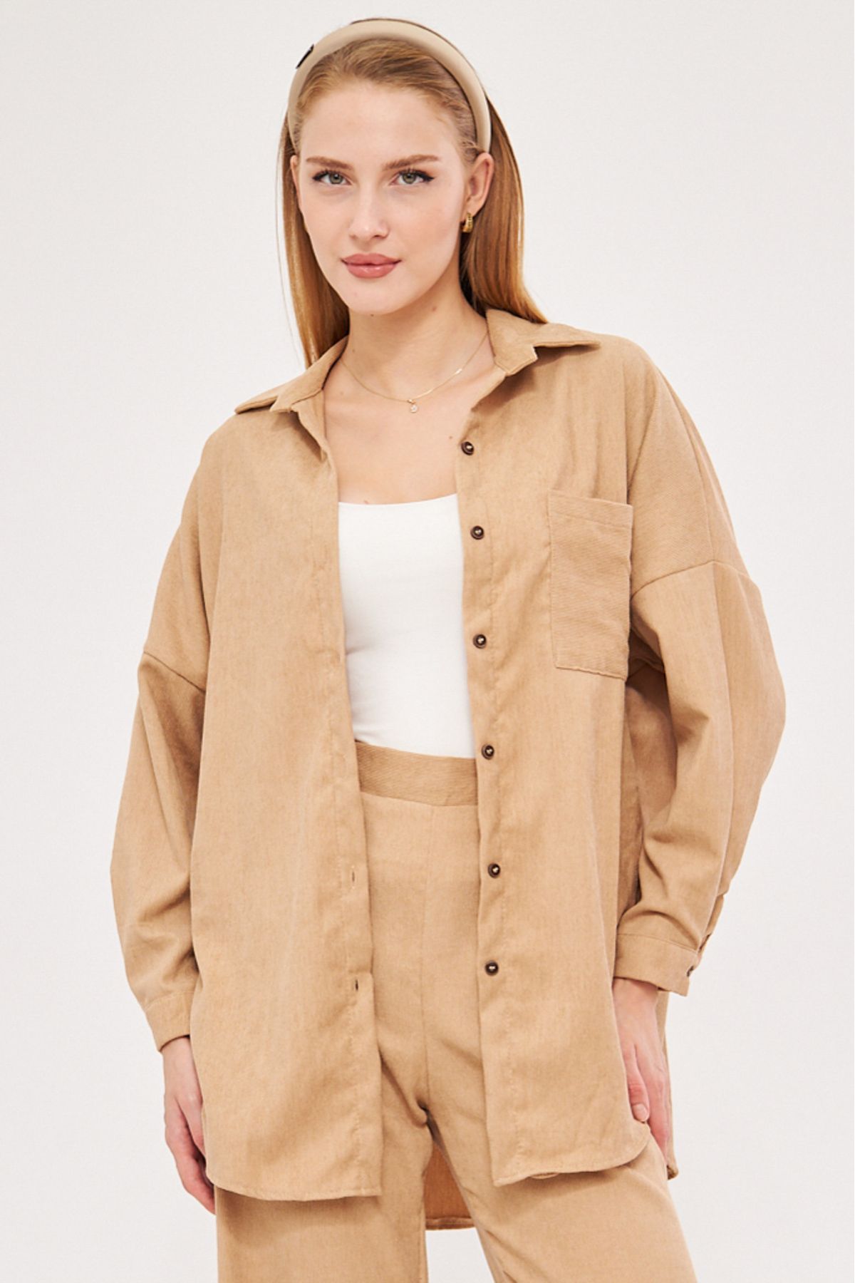 Female Beige Pocket Oversizle Fine Velve Velvet Shirt ARM-24K001076