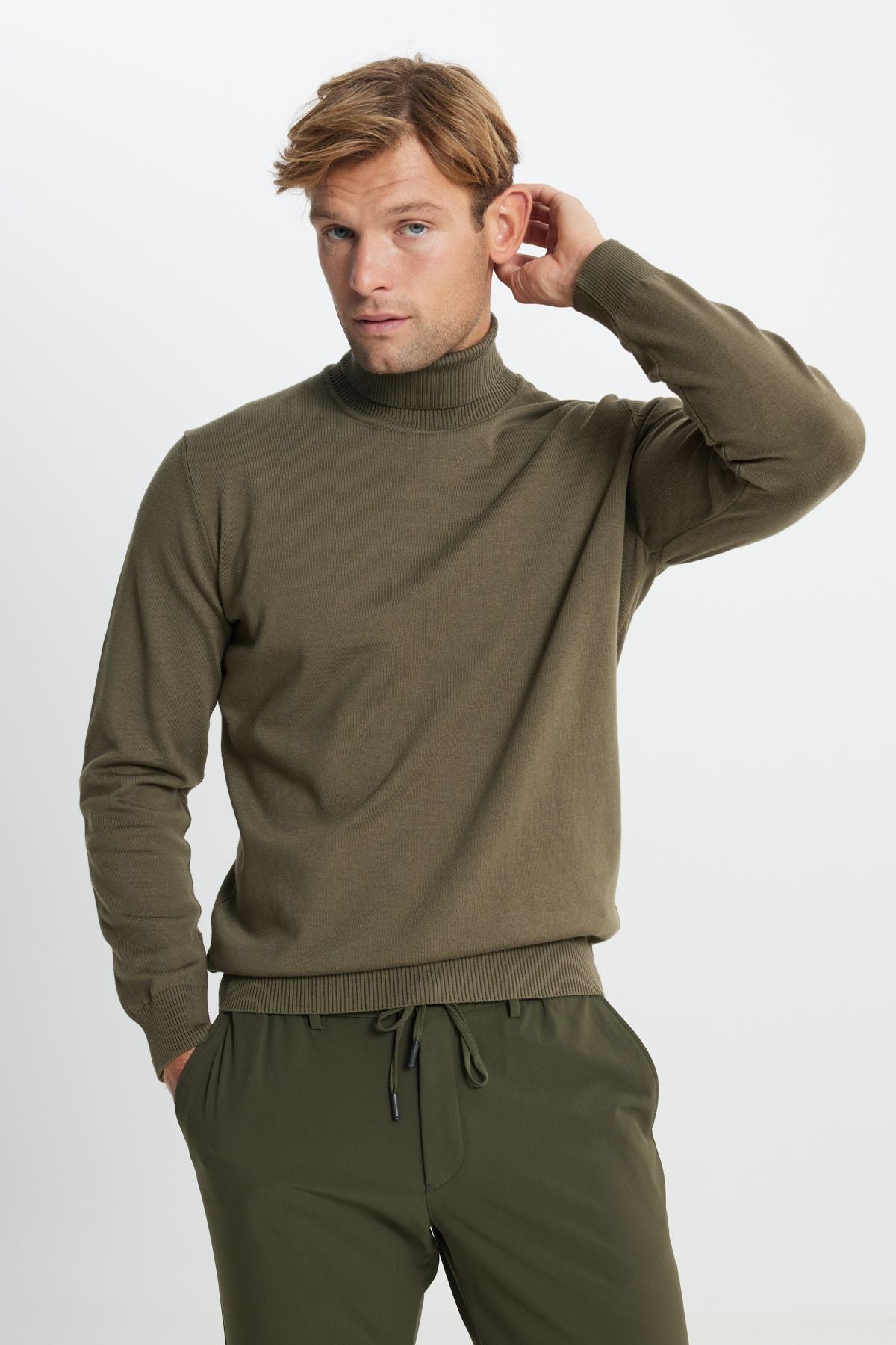 Men's Khaki Cotton Standard Fit Normal Cut Full Fisherman Neck Basic Knitwear Sweater