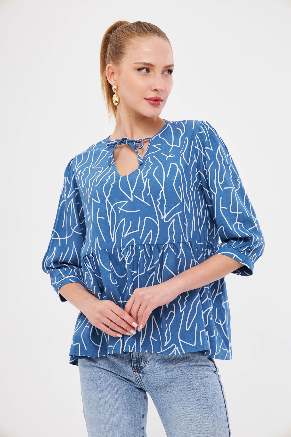 Female indigo collar binding detailed Roban Firk quarter Arm Blouse ARM-25K001044