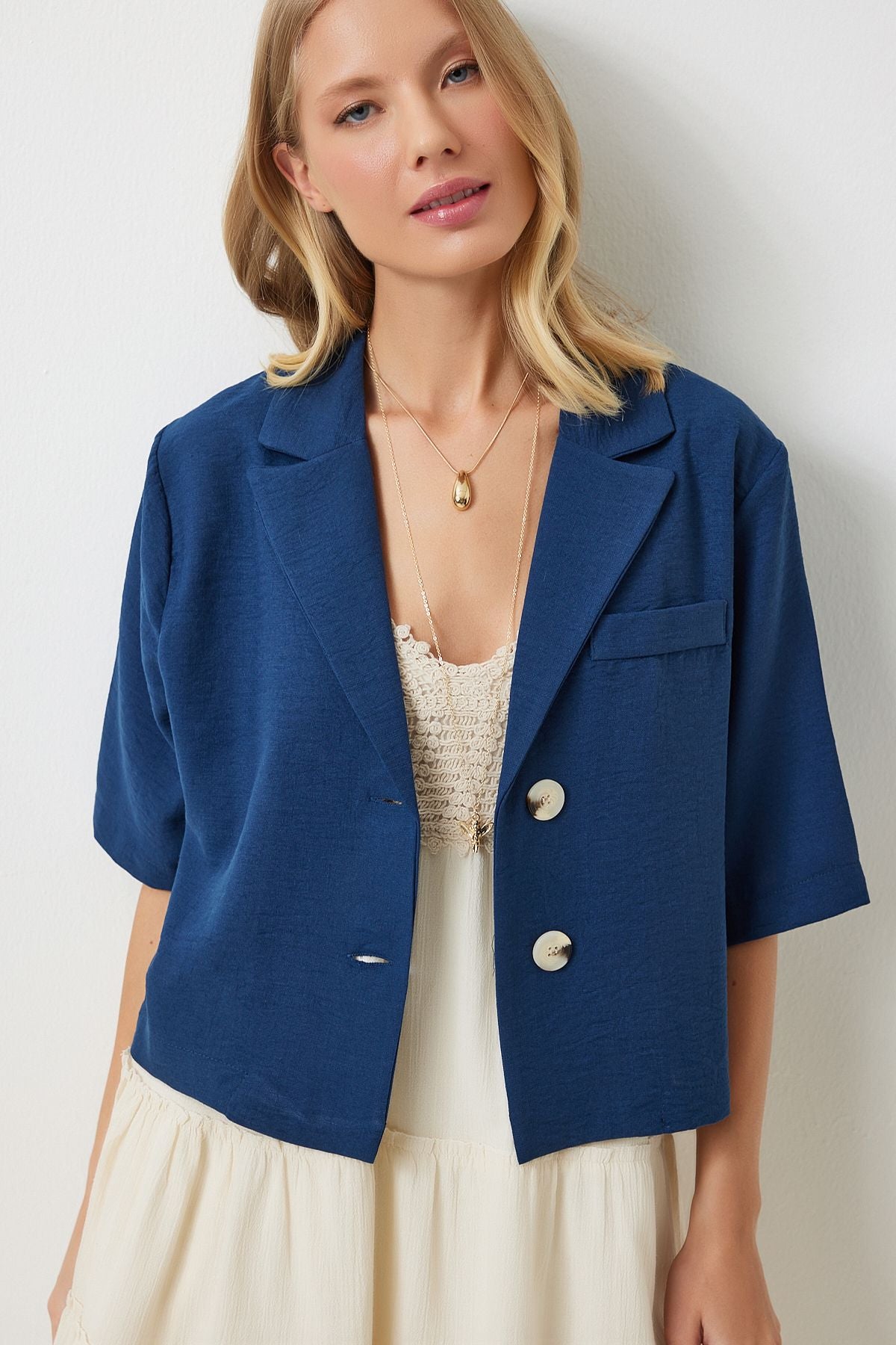 Woman indigo blue shawl collar seasonal linen ayrobin shirt jacket DD01327