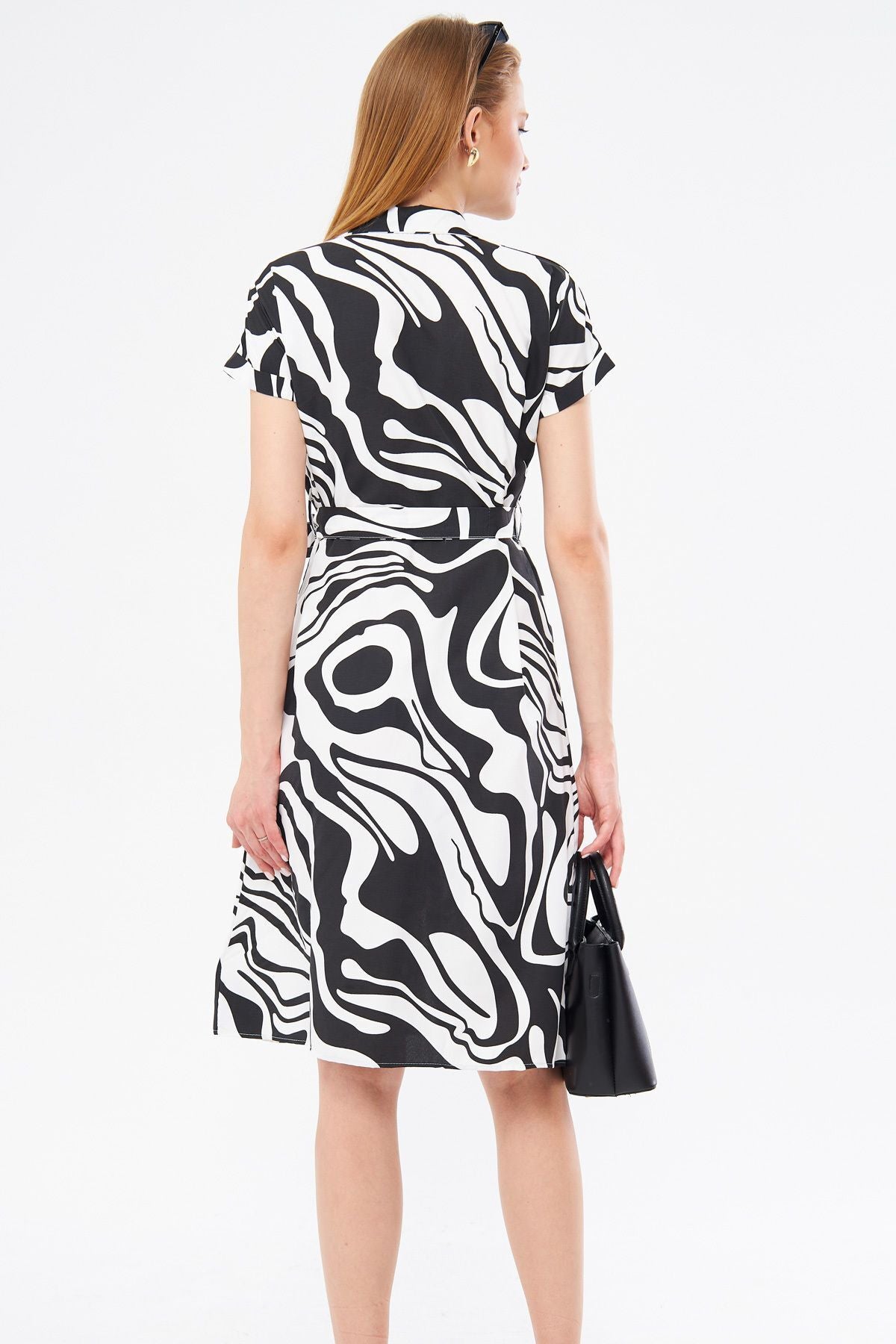 Female Black Patterned Belt Belt Low Tied Short Sleeve Shirt Dress ARM-221058