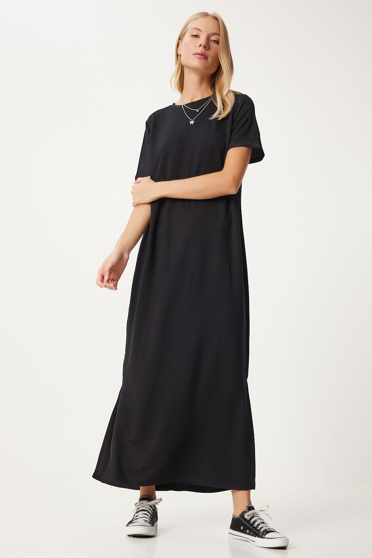 Women's black side slit summer long knitted dress hw00011