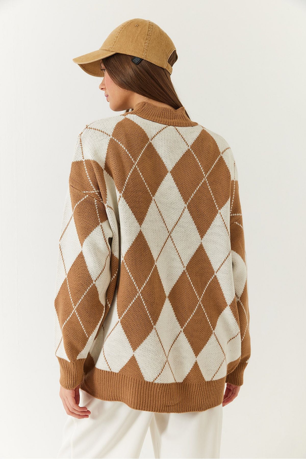 Female Baklava Patterned Half Fisherman Neck Oversizle Thick Knitwear Sweater 60261376