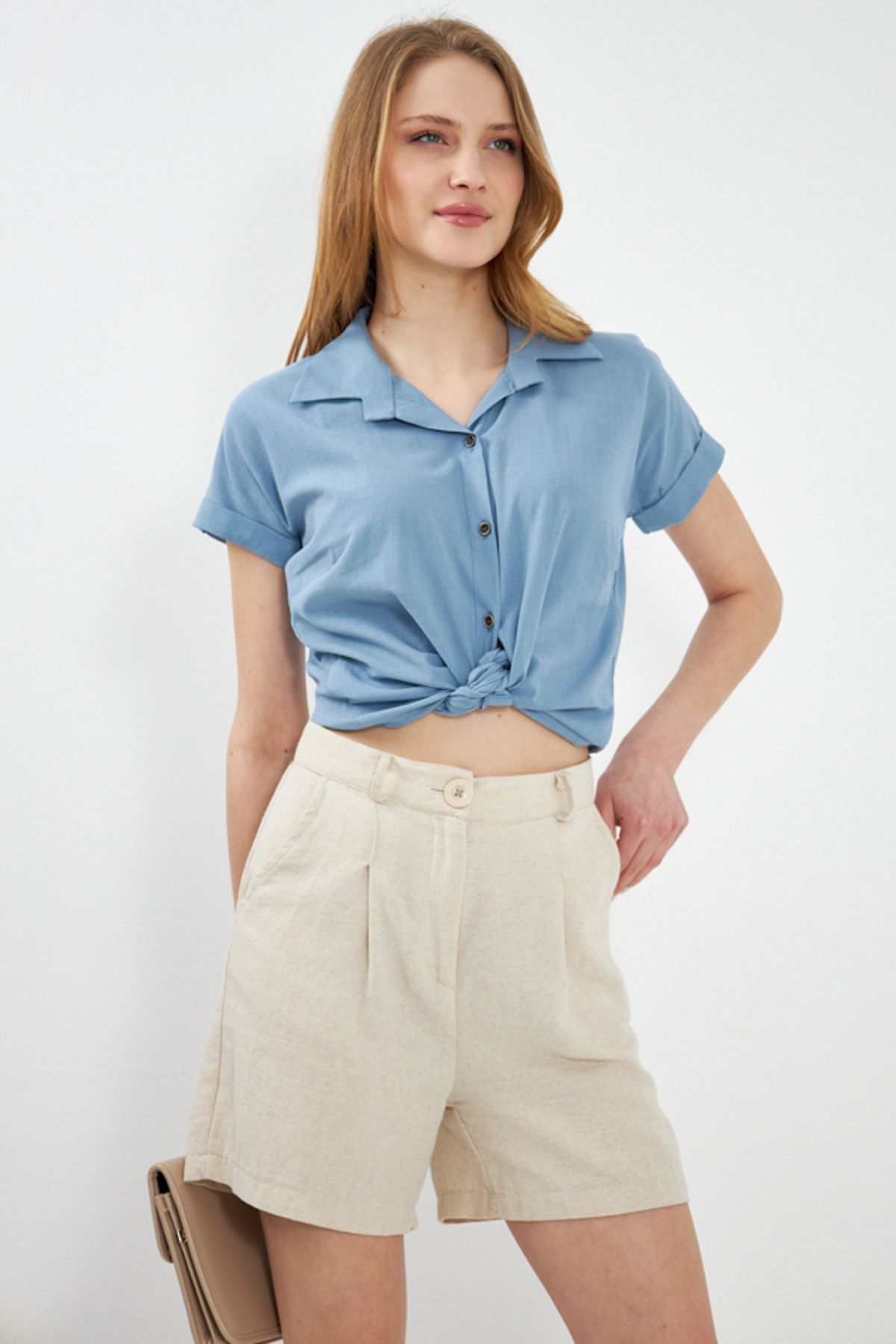 WOMEN'S BUYMAVİ SHORT SOLD LINE SHIRT ARM-24Y001038