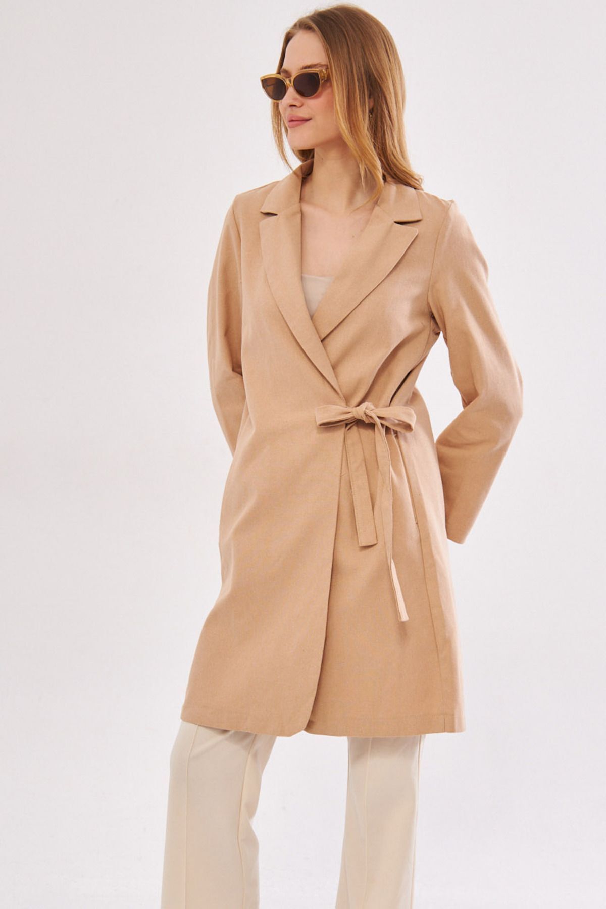 Female Beige Side Ties Long Coat ARM-24Y001019