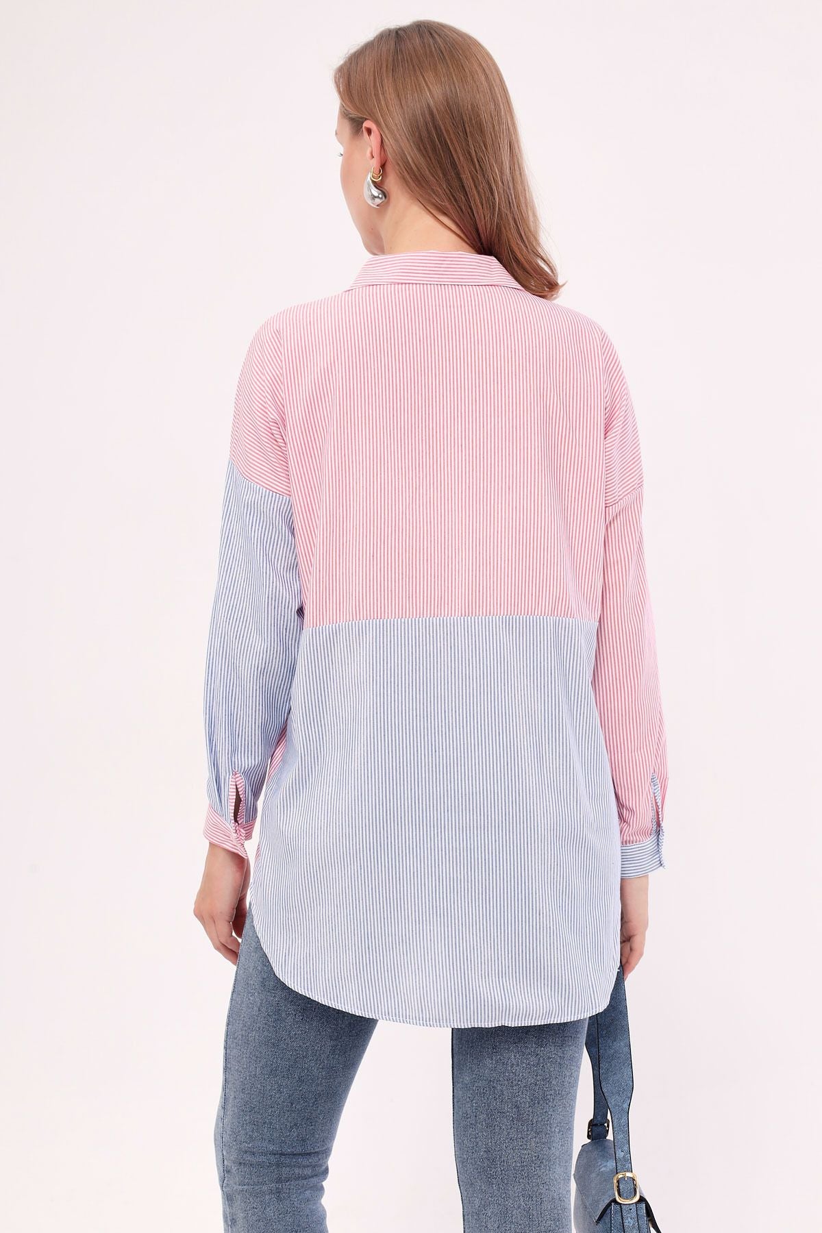 Women's Blue striped two-color long sleeve shabby shirt ARM-21K001193