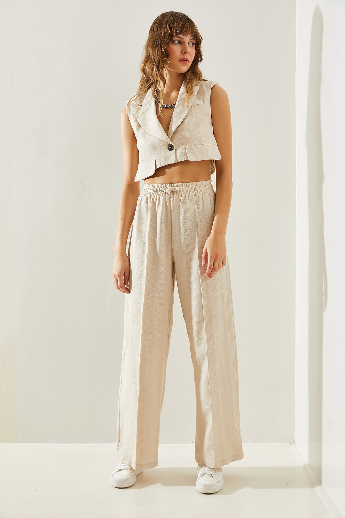 Women's Pocket Cover Detailed Crop Vest Palazzo Trousers Bottom-Top Set 60251229