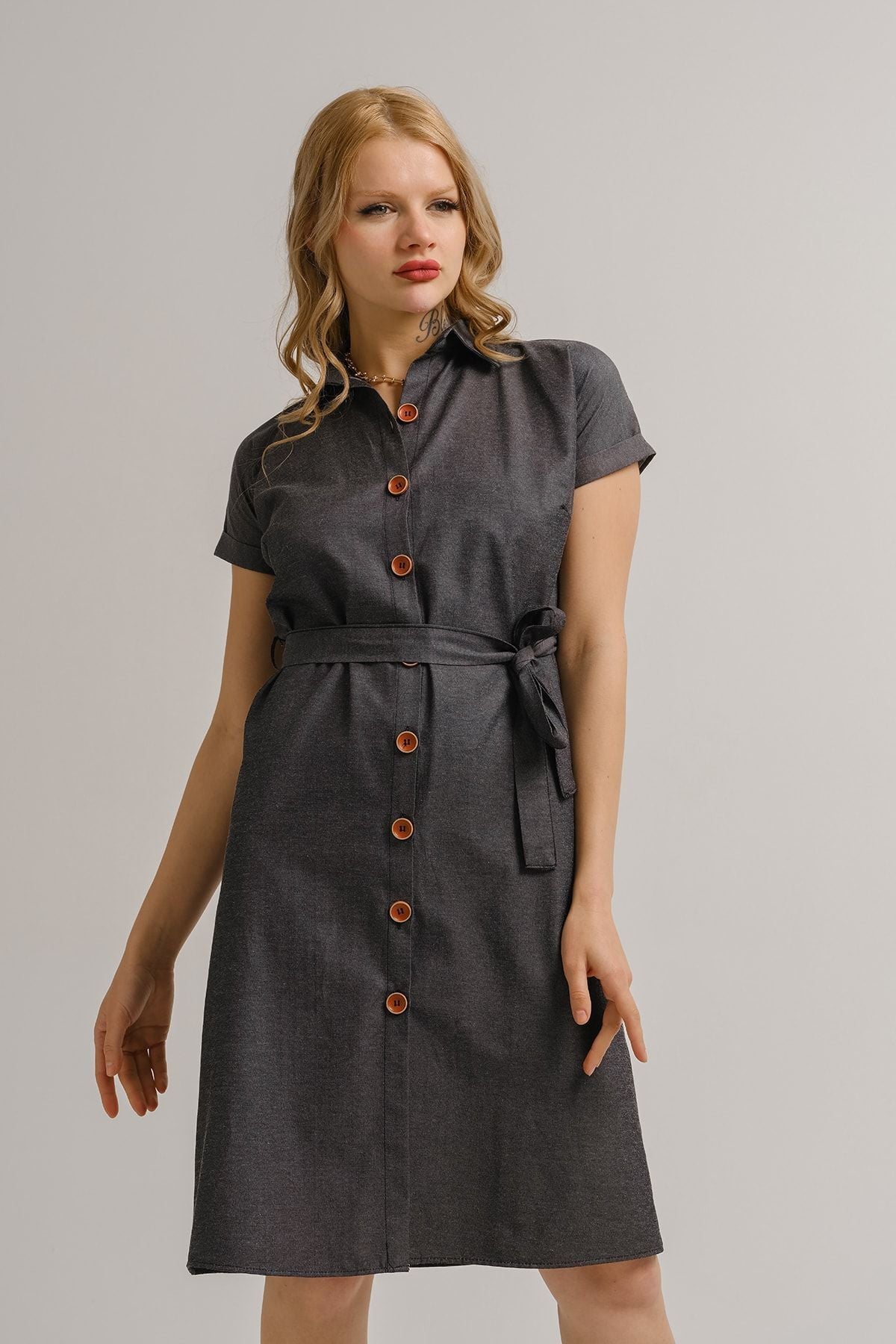 Woman Smoked Waist Belt Short Sleeve Shirt Dress ARM-19Y001068