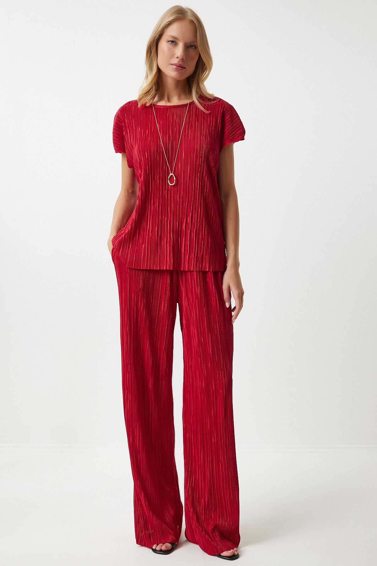 Female Red Pilica Casual Blouse Pants Set Mc00283