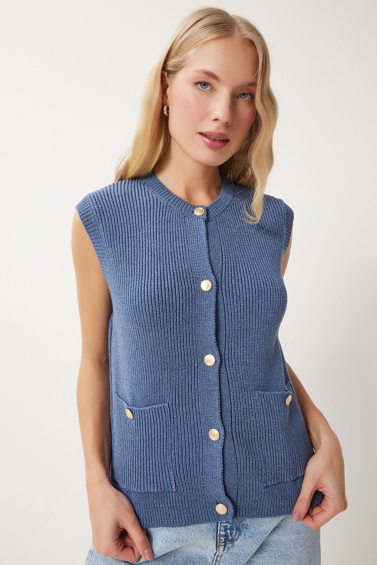 Women's Indigo Blue Stylish button with pocket knitwear vest US00948