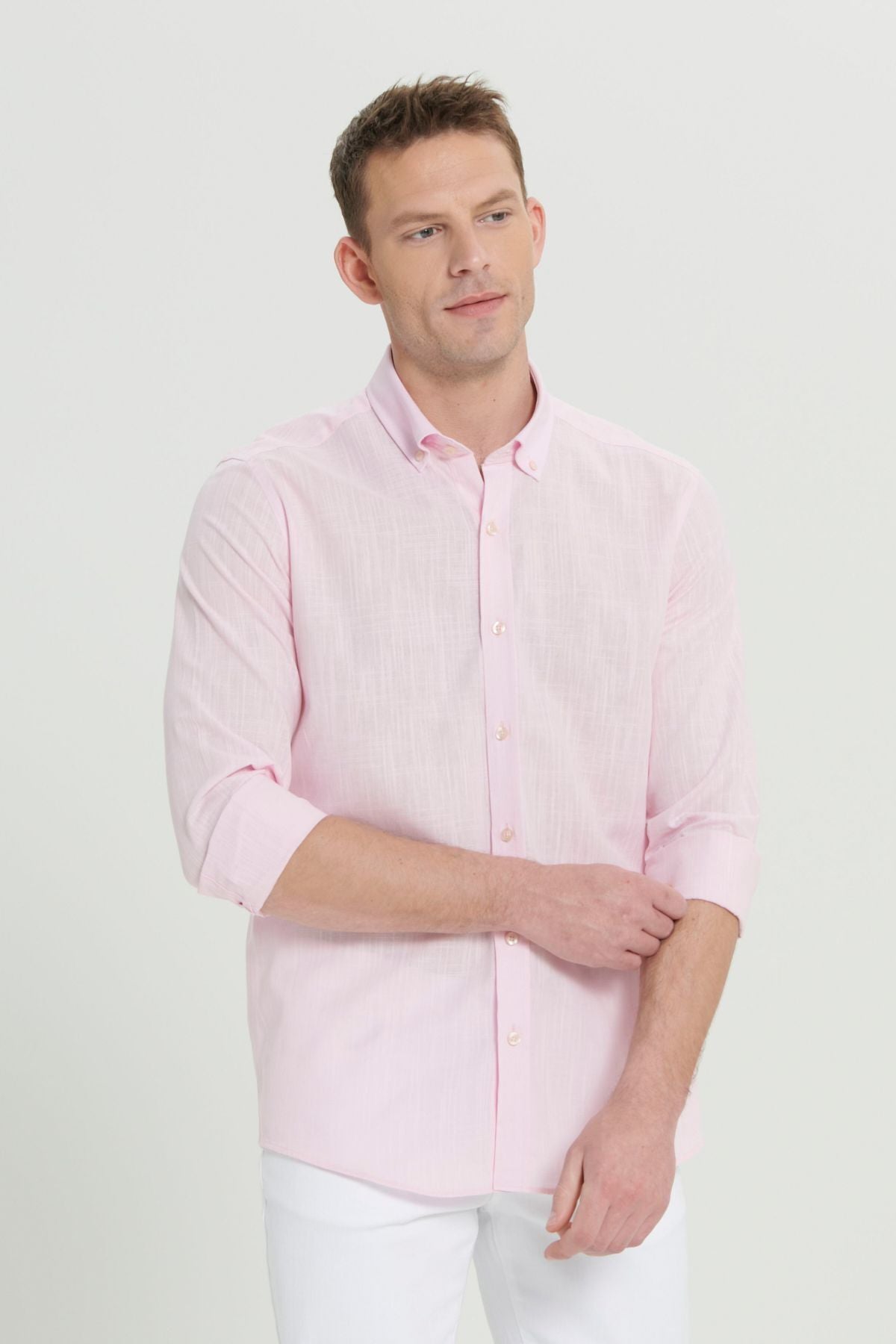 Male Pink 100 %Cotton Oxford Slim Fit button with collar pennant shirt