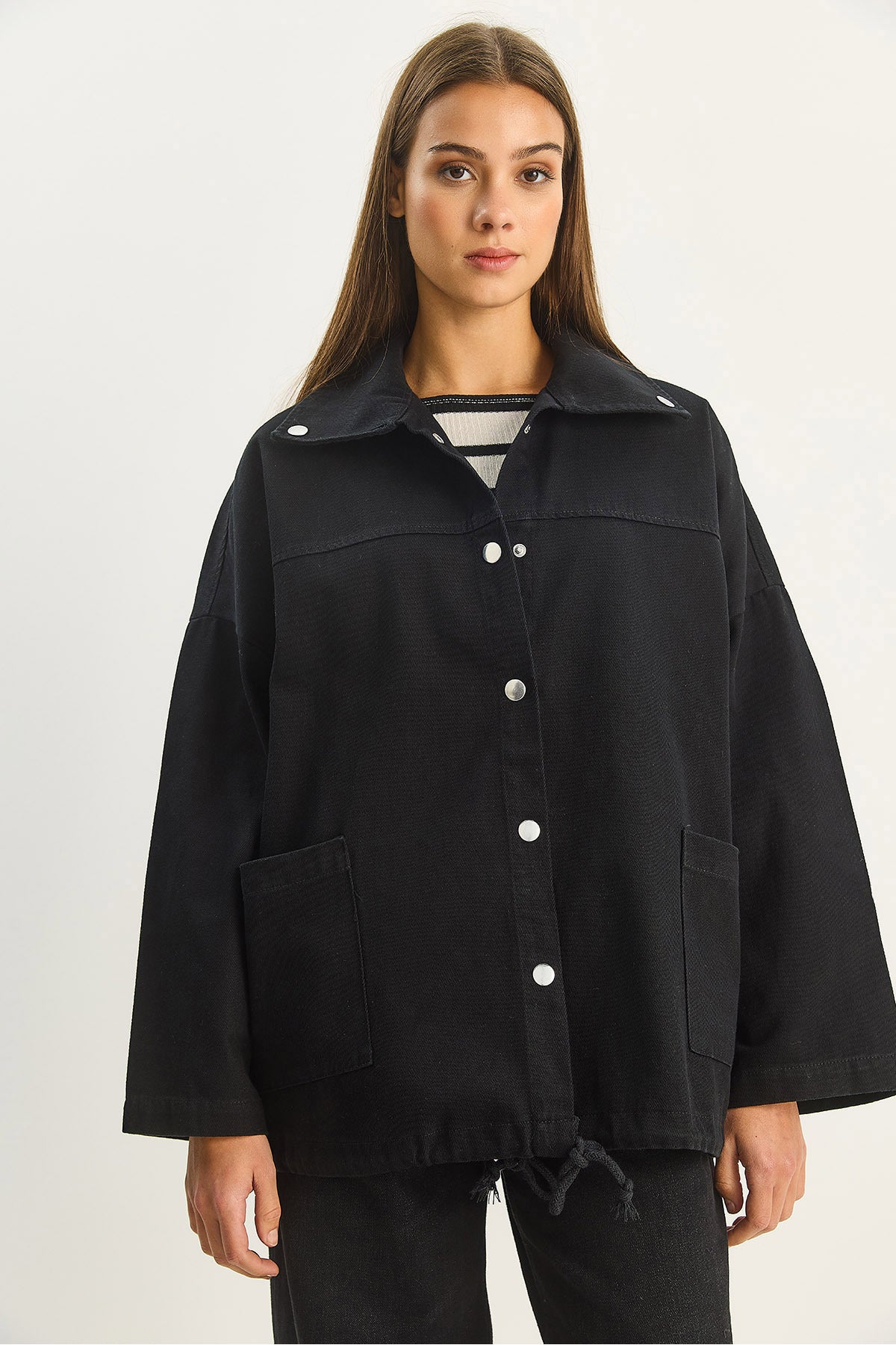 Women's Pocket Detailed Snap Closure Oversize Denim Jacket 209 60283672