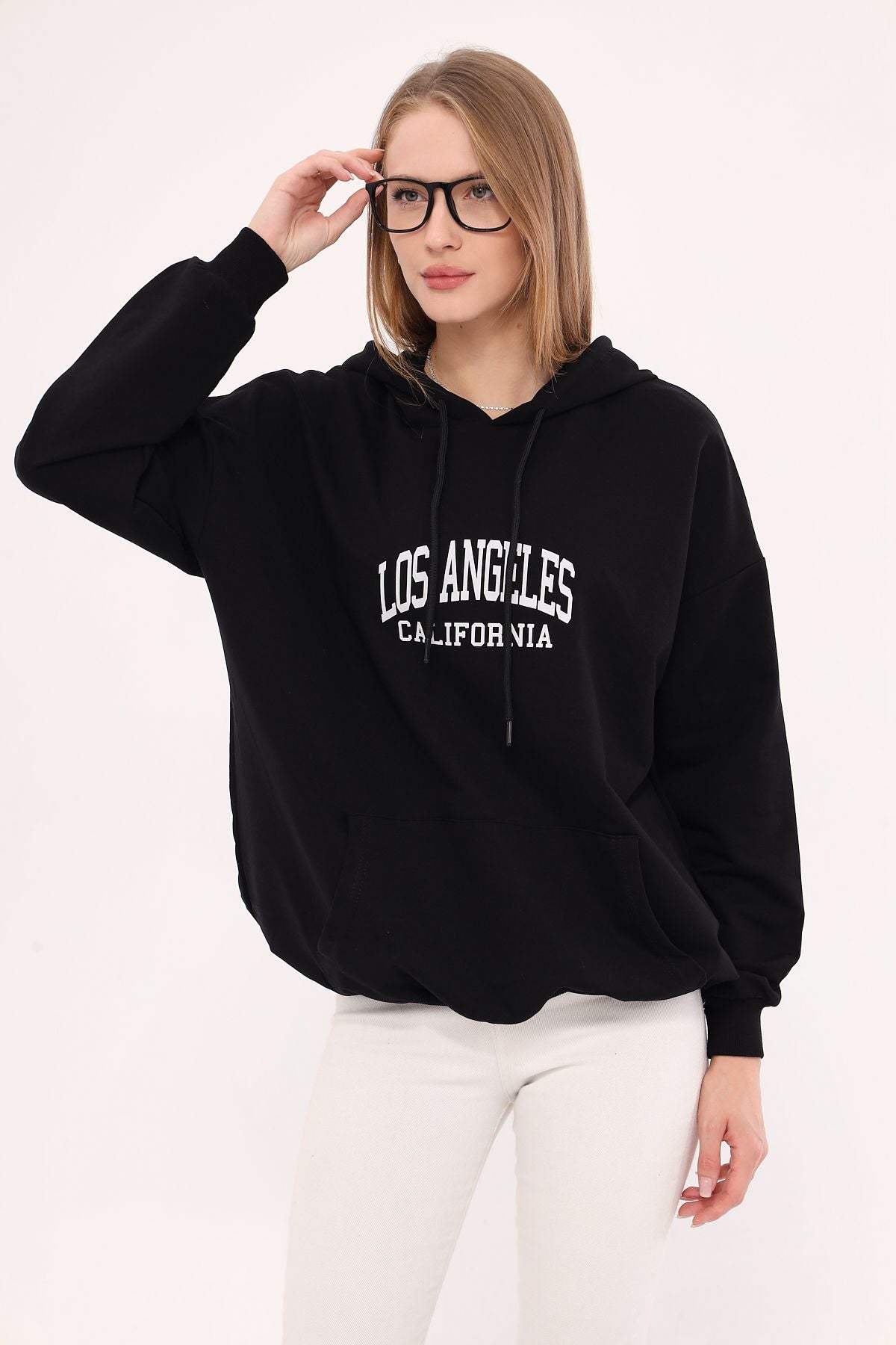 Woman Black Los Angeles printed hooded overwheel Sweatshirt ARM-25K001026