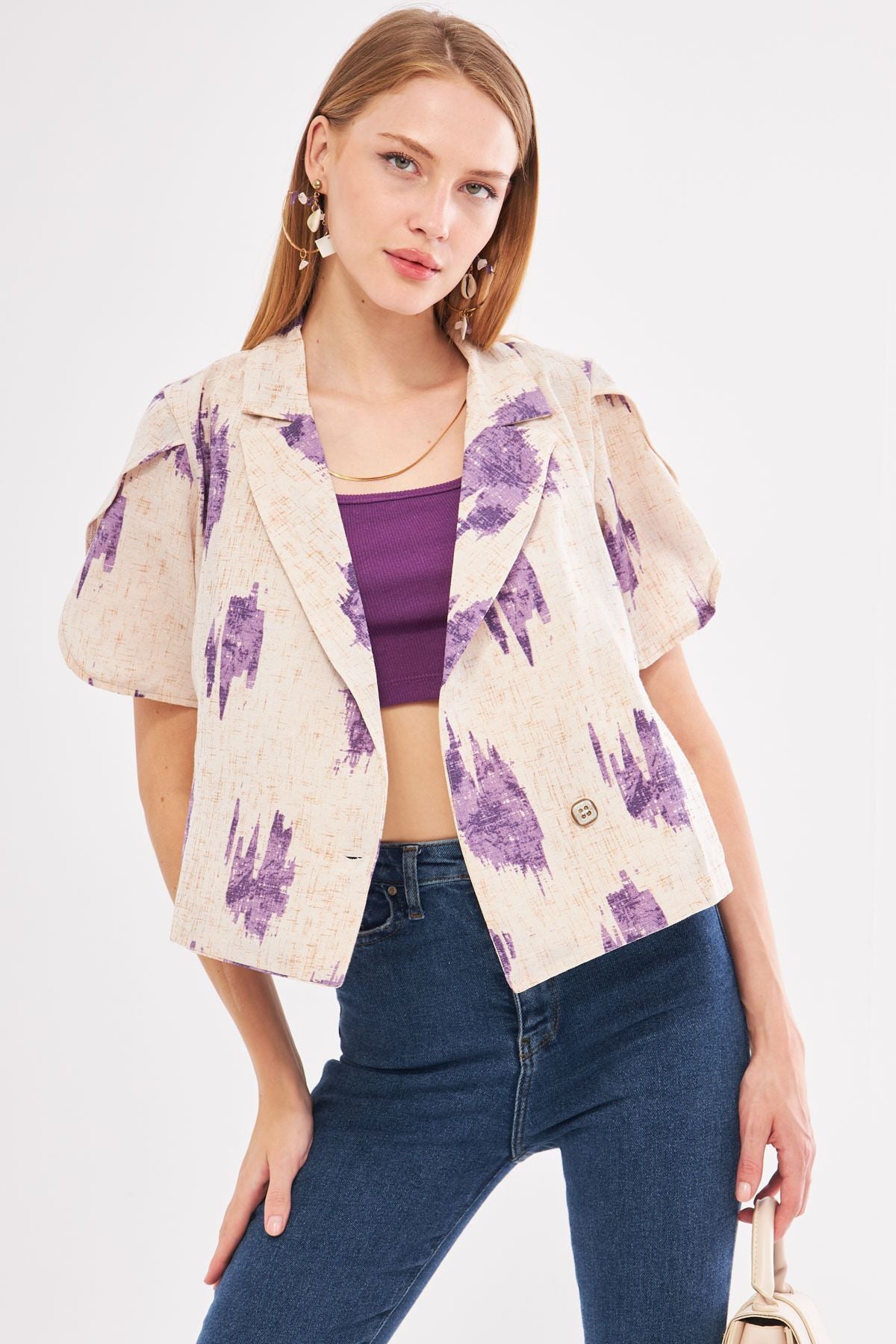 Female purple linen-looking patterned handle slit Crop Short Sleeve Jacket ARM-24Y001095