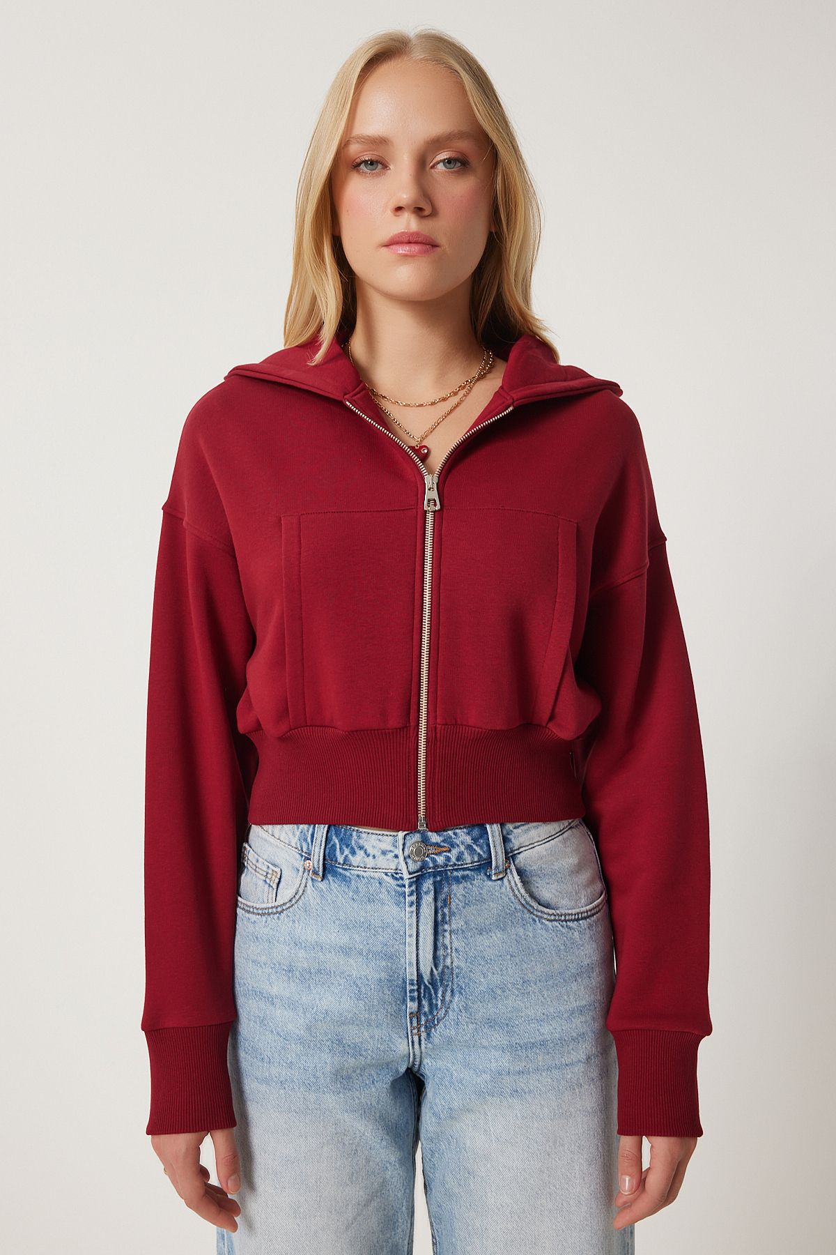 Female Bordeaux Hooded Sweatshirt with Zippered Zipper Ow00051