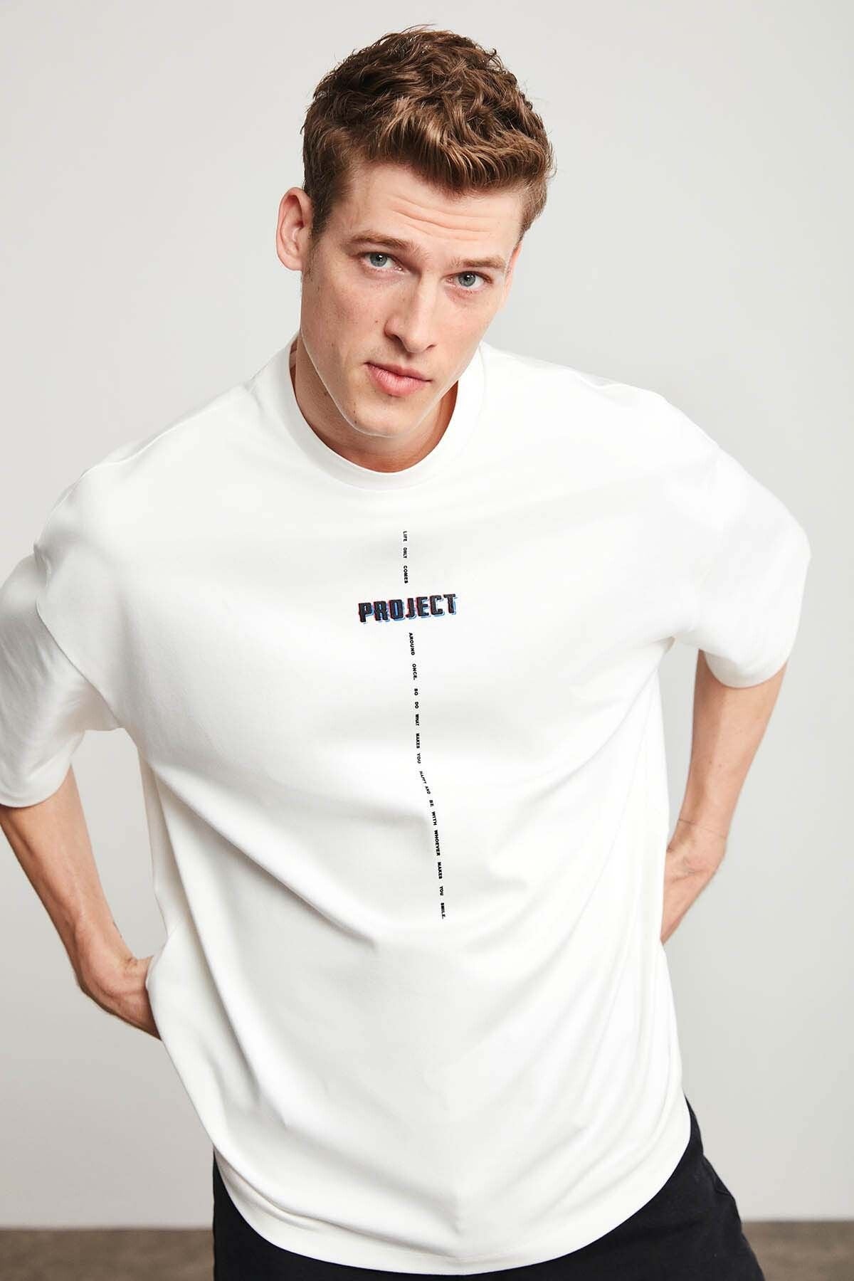 Project Men's Edition Detailed Oversizle 100 %Organic Cotton Knitting Bicycle Collar White T-shirt