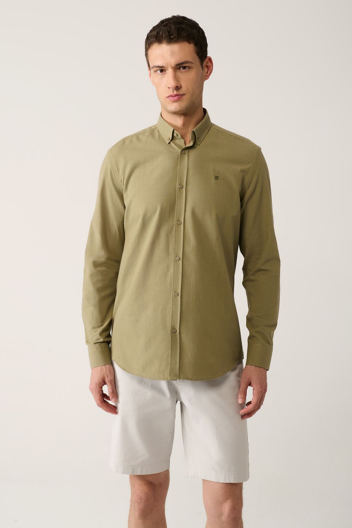 Male Khaki Buttoned Neck 100 %Cotton Linen textured shirt E002141