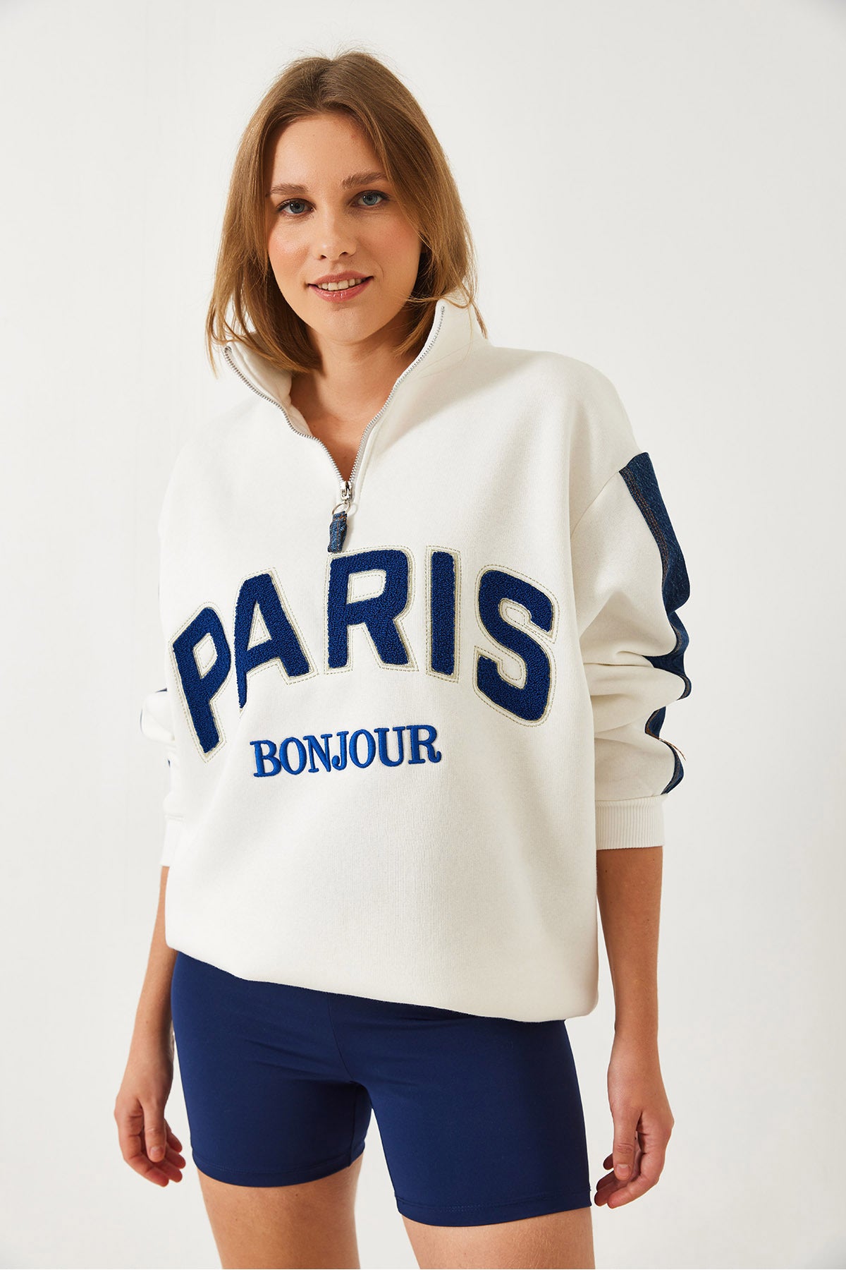 Women's Denim Detailed Three Thread Raised Oversize Zipper Sweatshirt 60261236