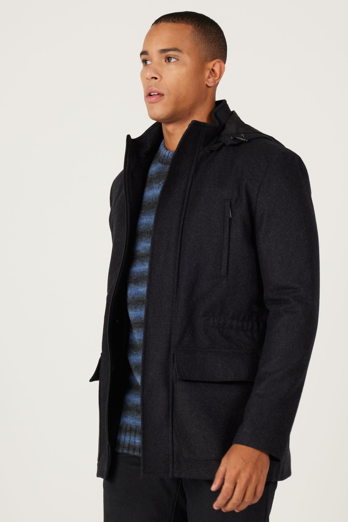 Standard Fit Normal Cutting Hooded woolen anthracite coat