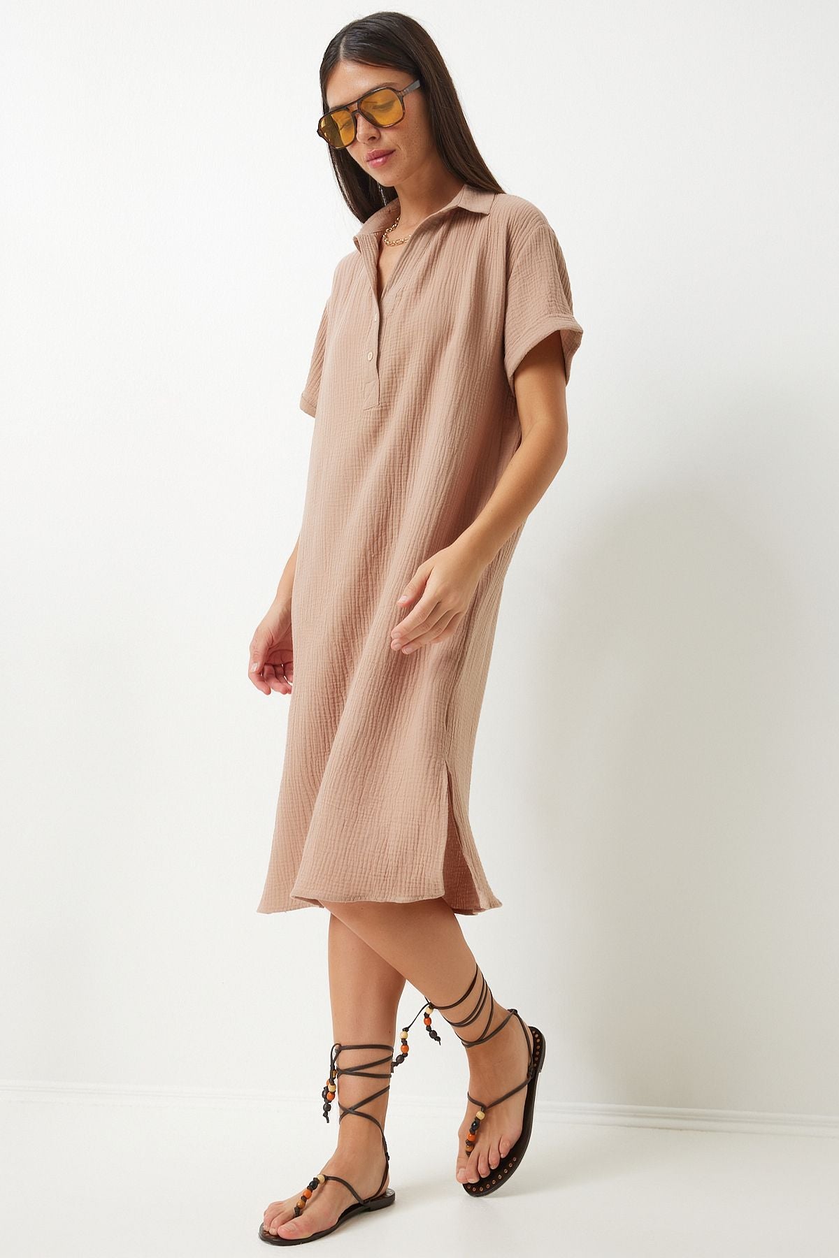 Female Biscuit Polo Yaka Cottage Plenty of Muslin Dress to00135